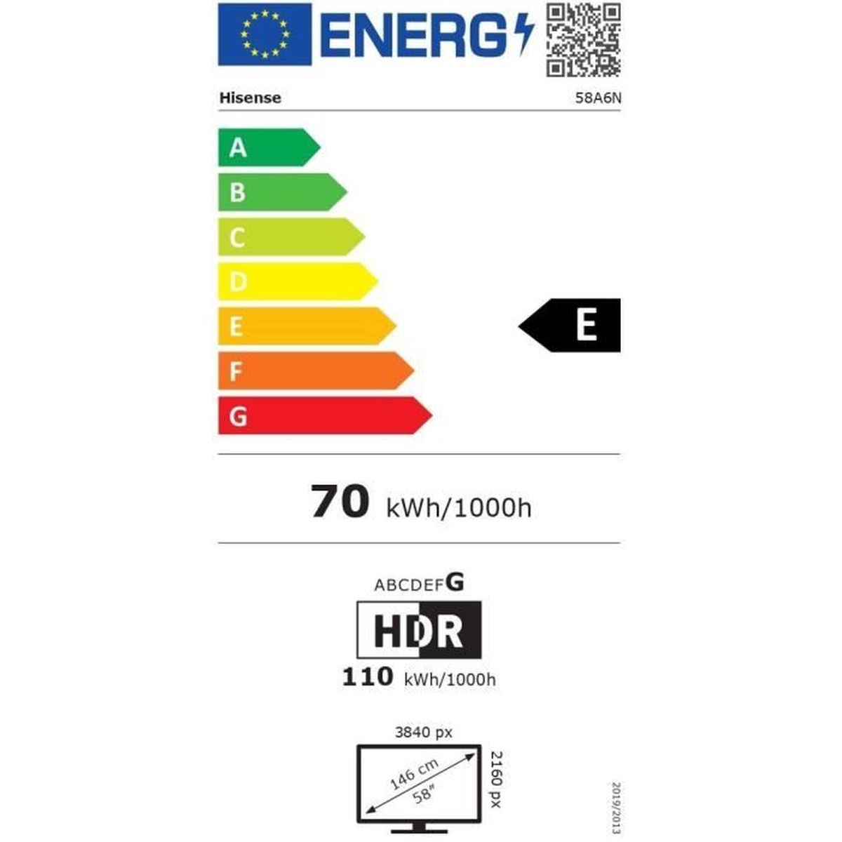 Étiquette énergétique du téléviseur Hisense. Affiche la classe d'efficacité énergétique E et les valeurs de consommation d'énergie.