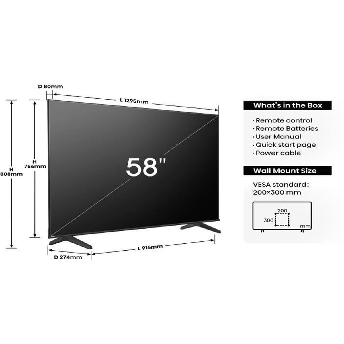 TV 58" avec dimensions et liste des éléments inclus.