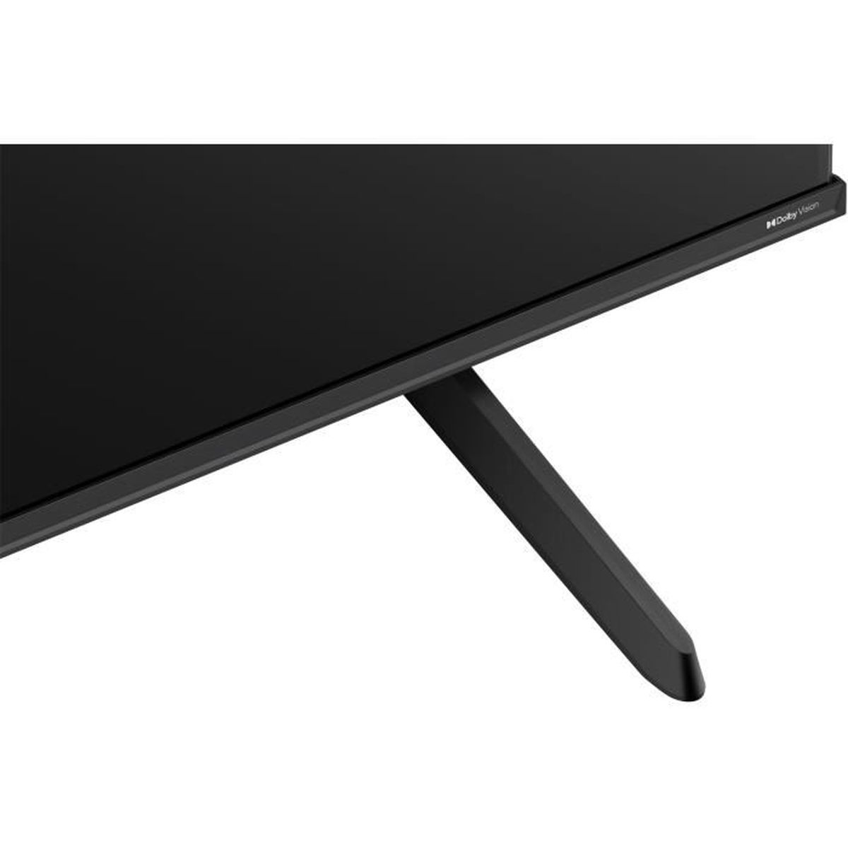 Un écran de télévision noir avec un design épuré et minimaliste. Le téléviseur est monté sur un pied.
