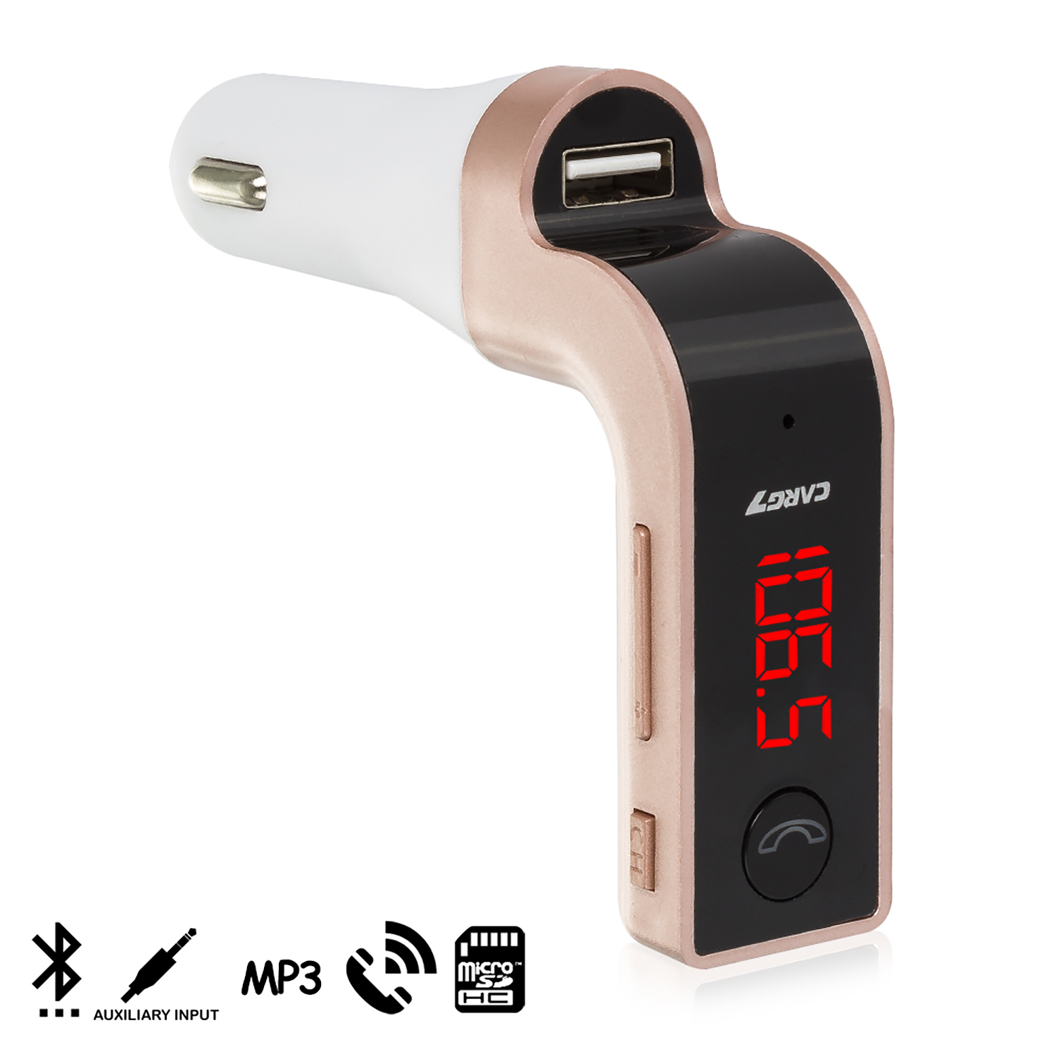 Caricabatterie per auto con porta USB, display. Bluetooth, ingresso aux e micro SD. Mostra numeri rossi.