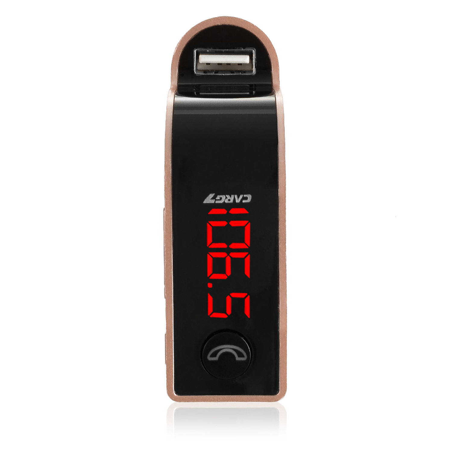 Trasmettitore FM per auto nero con display digitale rosso 106.5 e porta USB. Bianco.