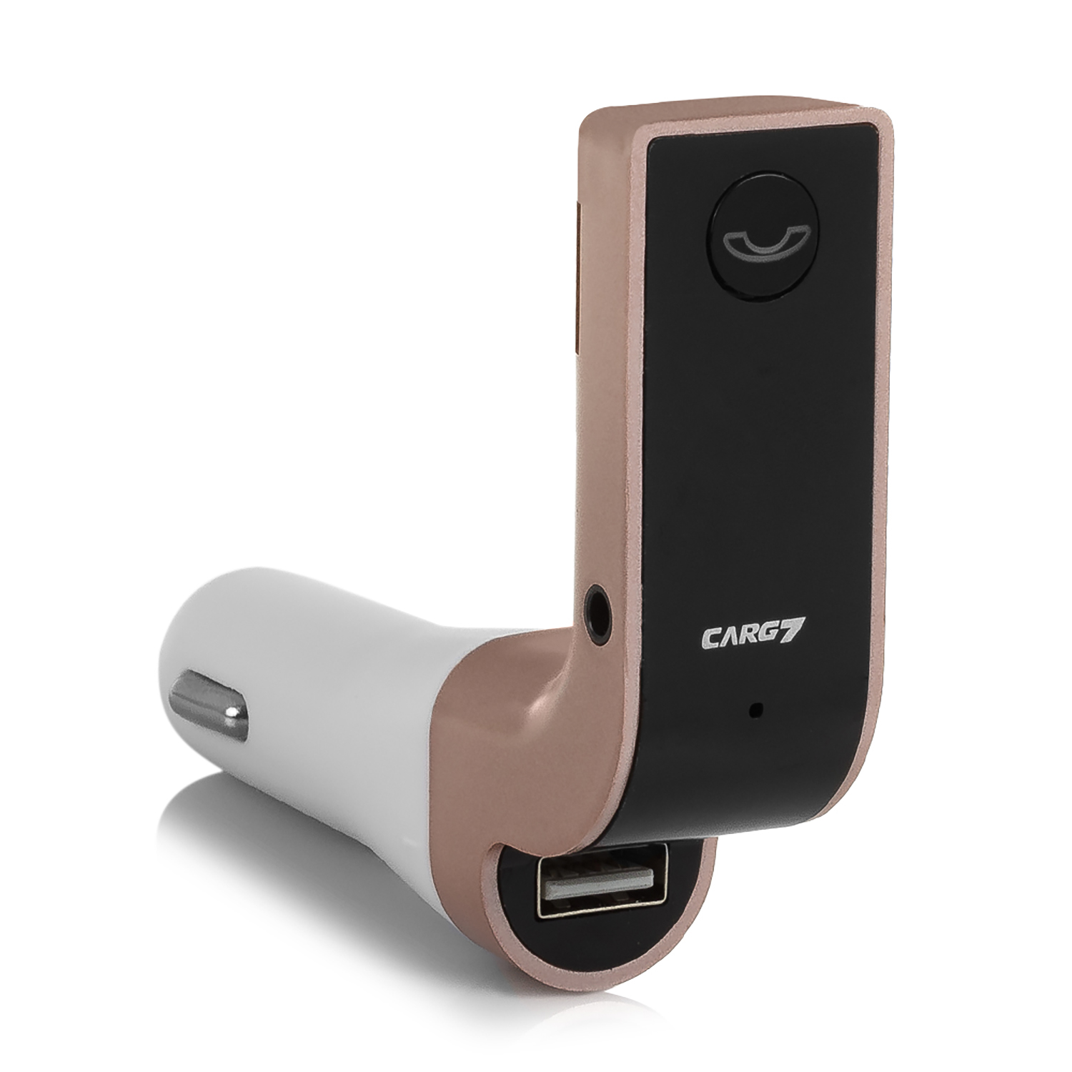 Caricabatterie per auto con porta USB e dispositivo Bluetooth con pulsante di chiamata.