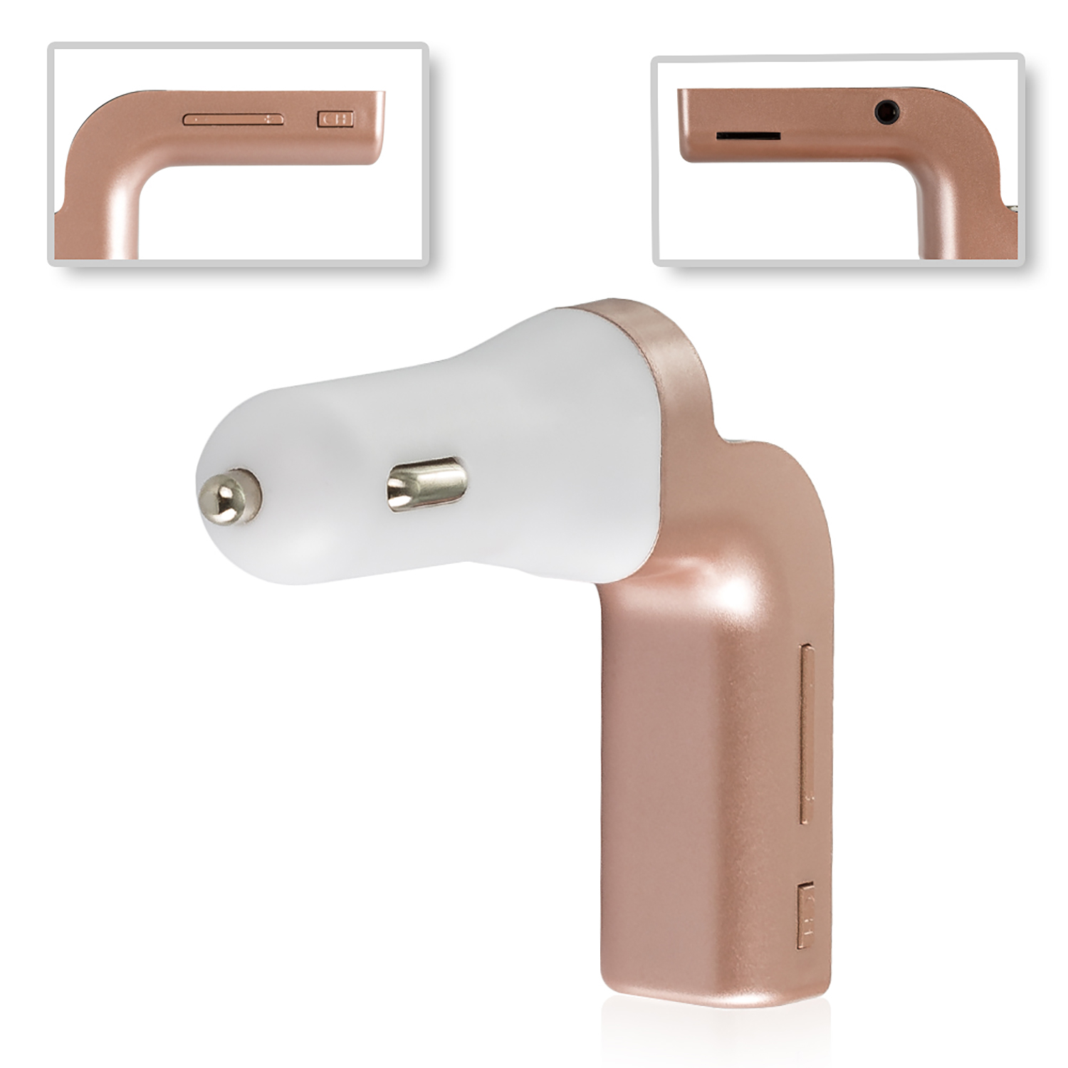 Caricabatterie per auto oro rosa con due viste laterali. Ha una parte superiore bianca.