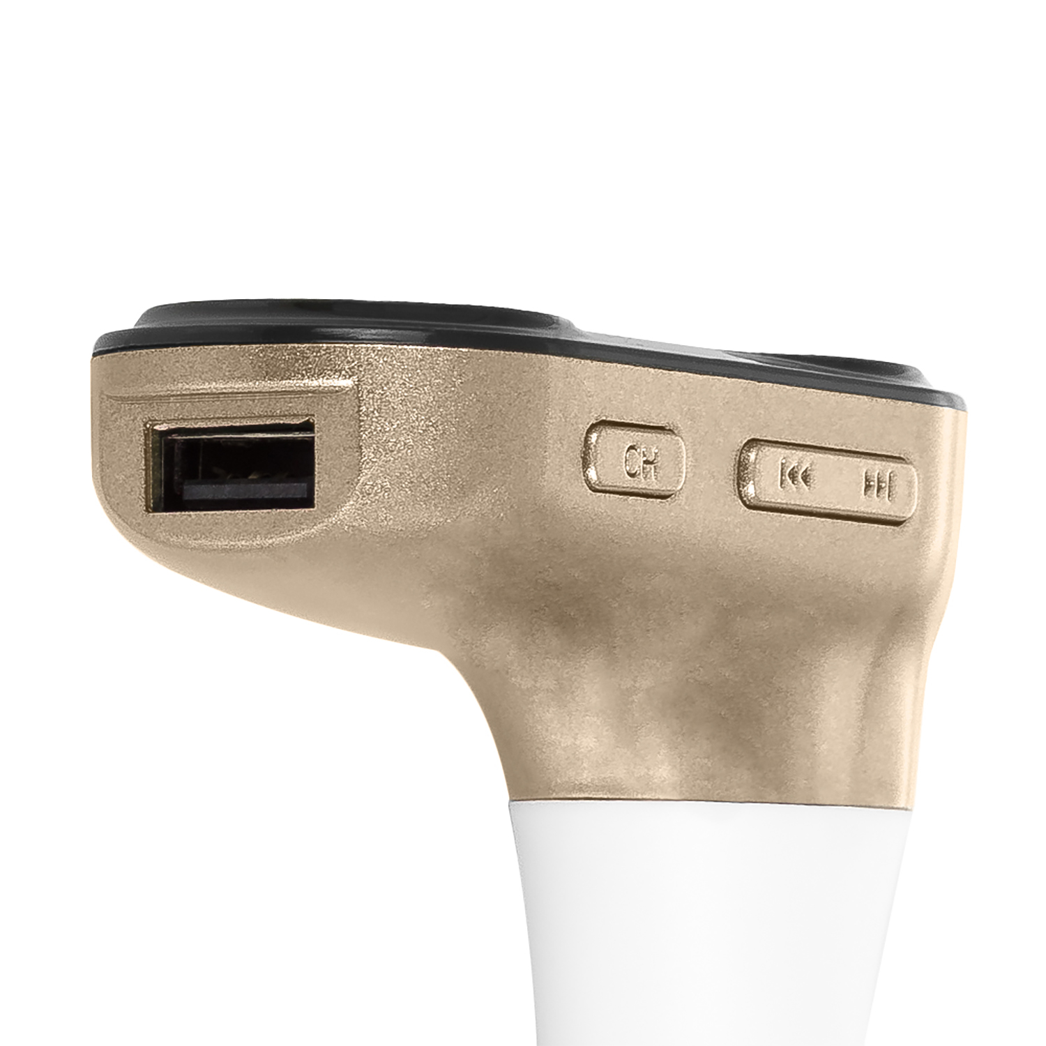 Dispositivo Bluetooth oro e bianco con pulsanti e porta USB. Sfondo bianco.