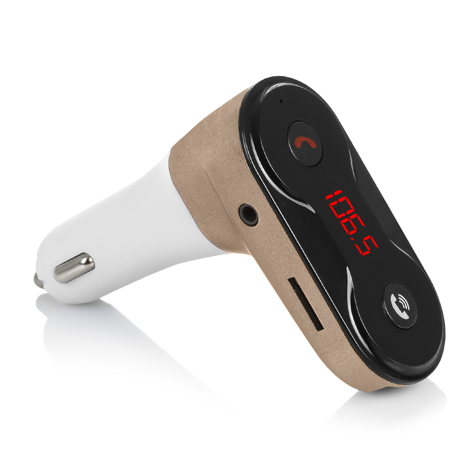 Caricabatterie per auto con display rosso che mostra 106.5. Colori bianco e beige.