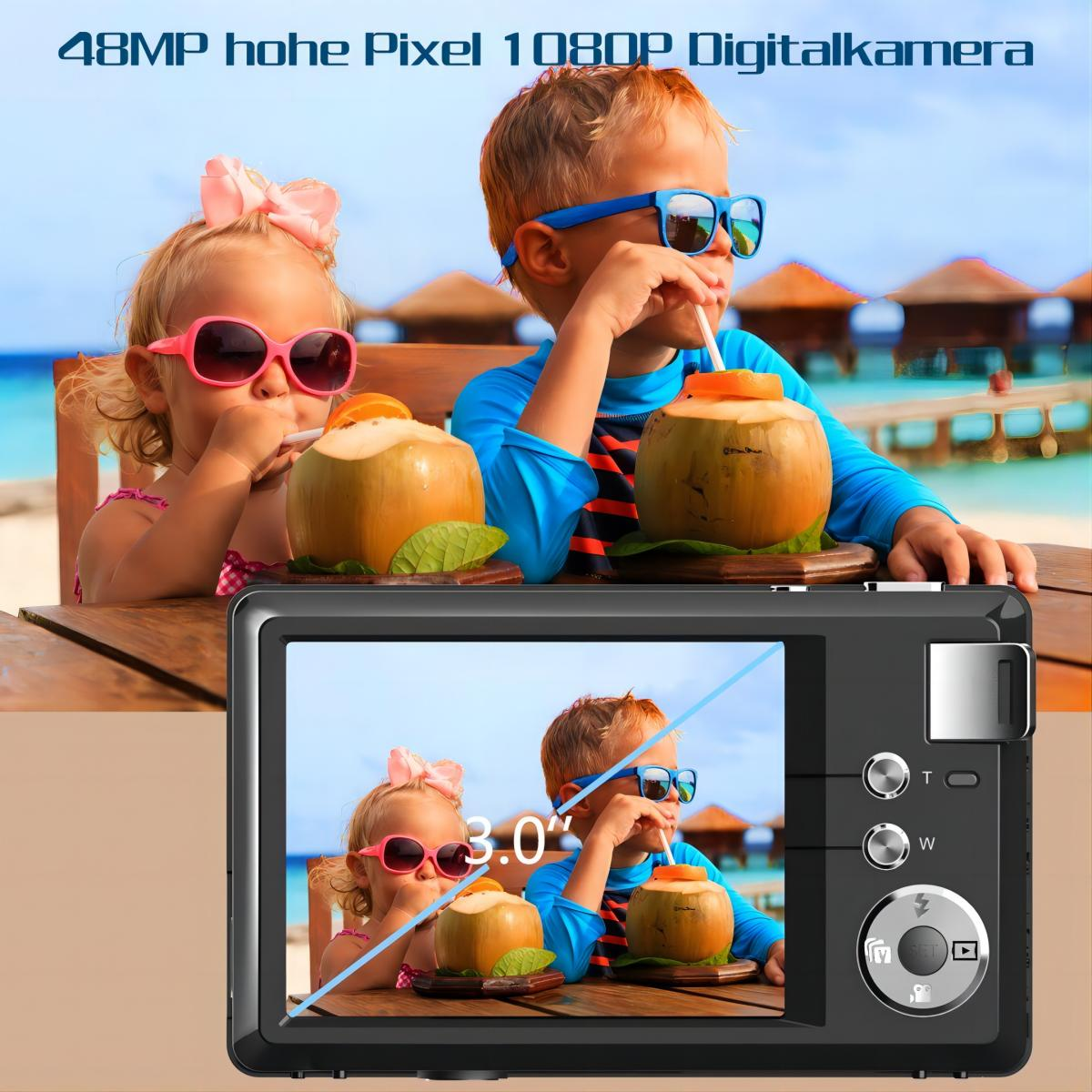 Zwei Kinder mit Kokosnüssen, Sonnenbrillen. Digitalkamera zeigt die Szene, mit 3,0-Zoll-Bildschirm.