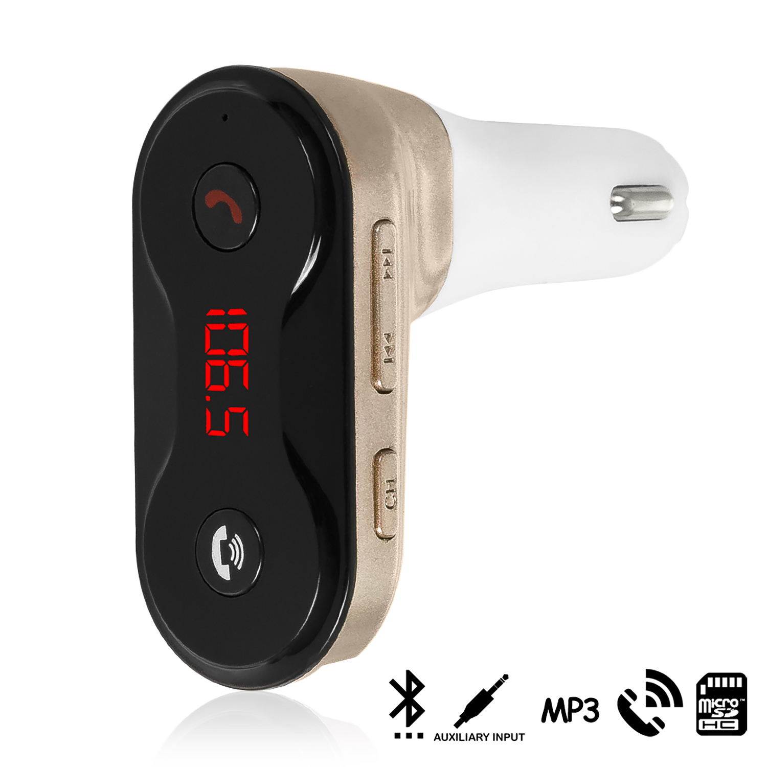 Lettore MP3 per auto nero e oro con display digitale rosso e pulsanti di controllo.