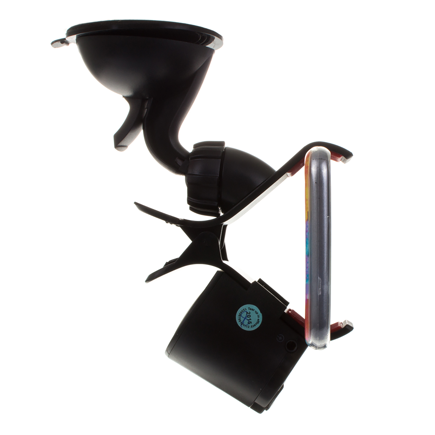 Soporte para teléfono de coche negro con ventosa, sosteniendo un teléfono. Fondo blanco.