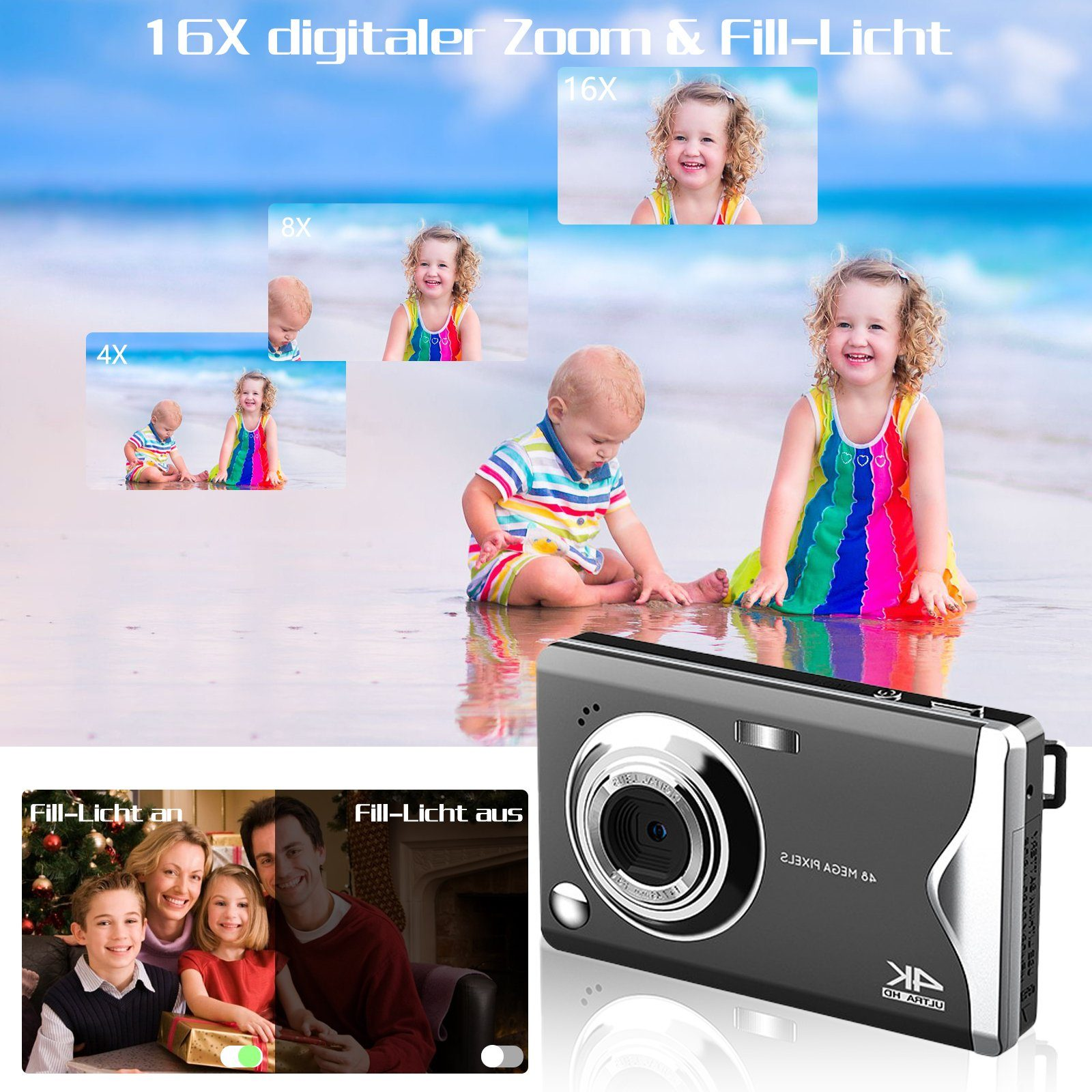 Schwarze Digitalkamera mit Zoom-Einstellungen, Strandhintergrund mit Familie und Weihnachtsszenen.