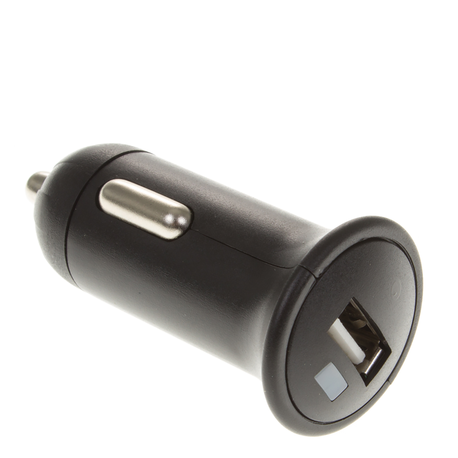 Adaptador de cargador de coche negro con puerto USB.