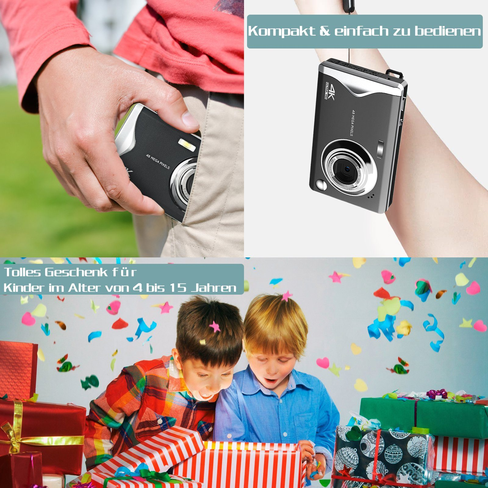 Eine Person hält eine Kamera in der Tasche, Kinder bei Geschenken. Text: Kompakt & einfach zu bedienen, ein tolles Geschenk für 4-15 Jahre.