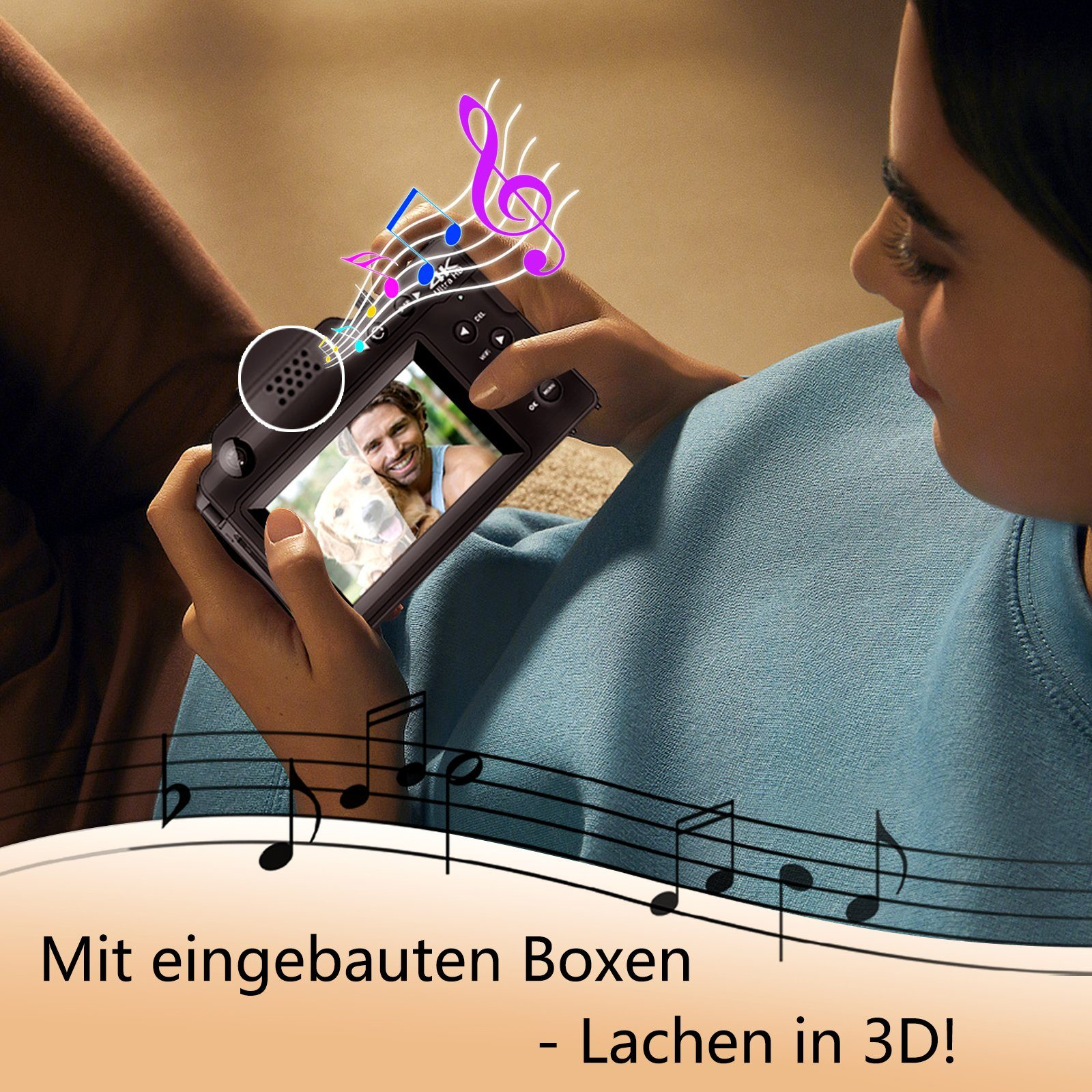 Frau benutzt Gerät mit Foto, Noten, Text. Farbenfroher Hintergrund.