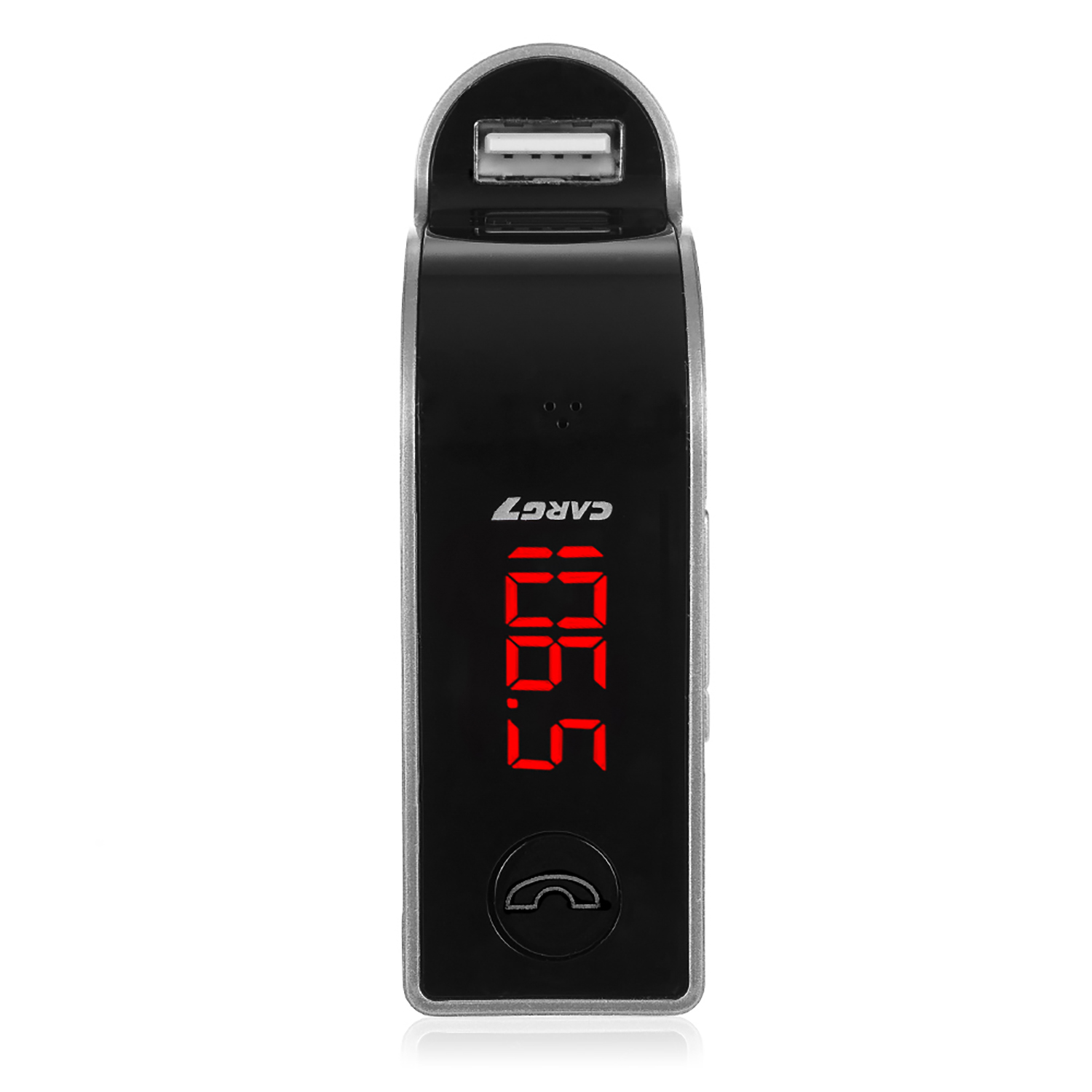 Receptor Bluetooth para coche negro con pantalla roja. Fondo negro, fondo blanco.
