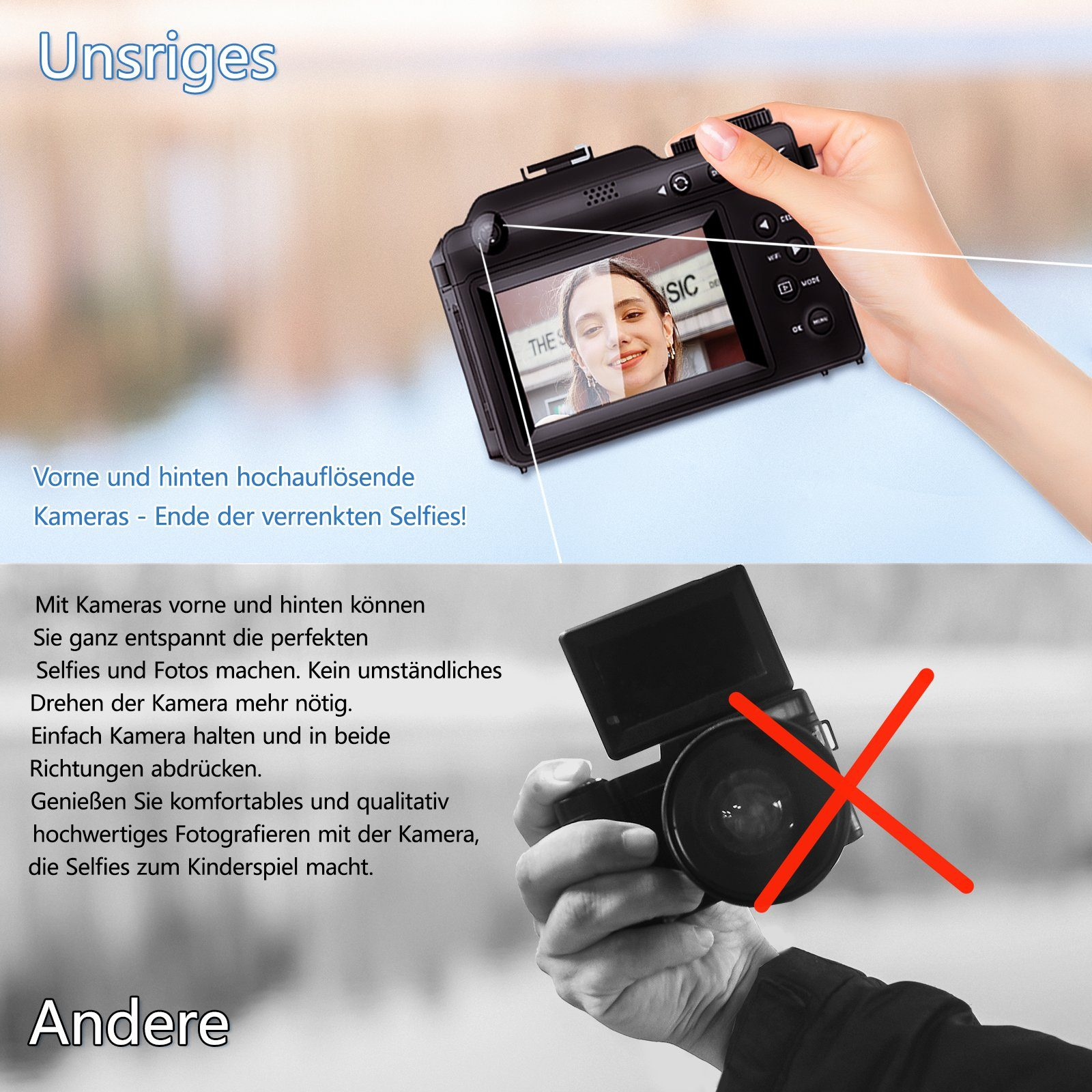 Bild zeigt eine Kamera mit Bildschirm, und eine Hand hält sie.