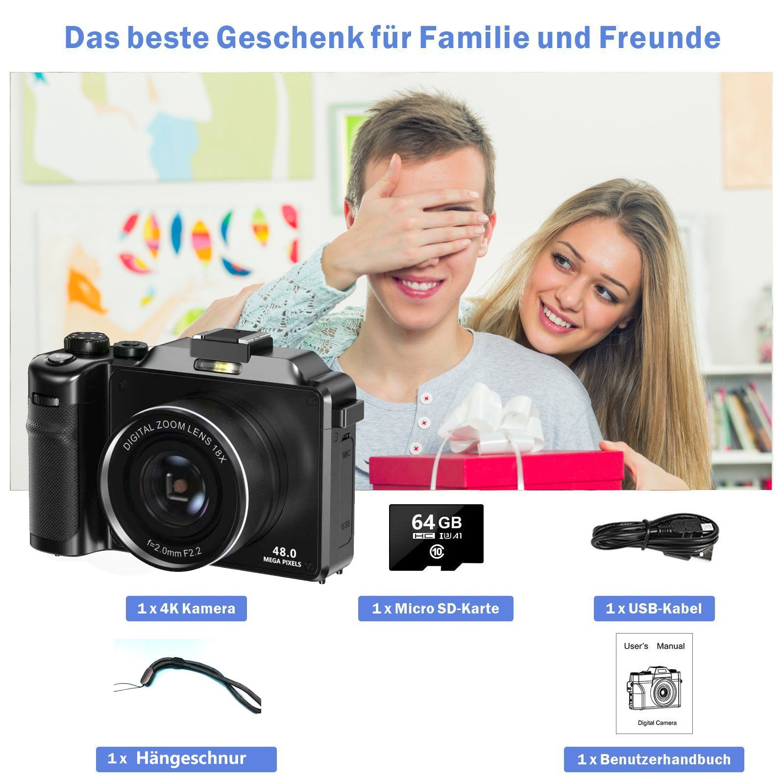 Eine schwarze Kamera, Geschenke und Zubehör werden präsentiert. Ein Paar im Hintergrund.