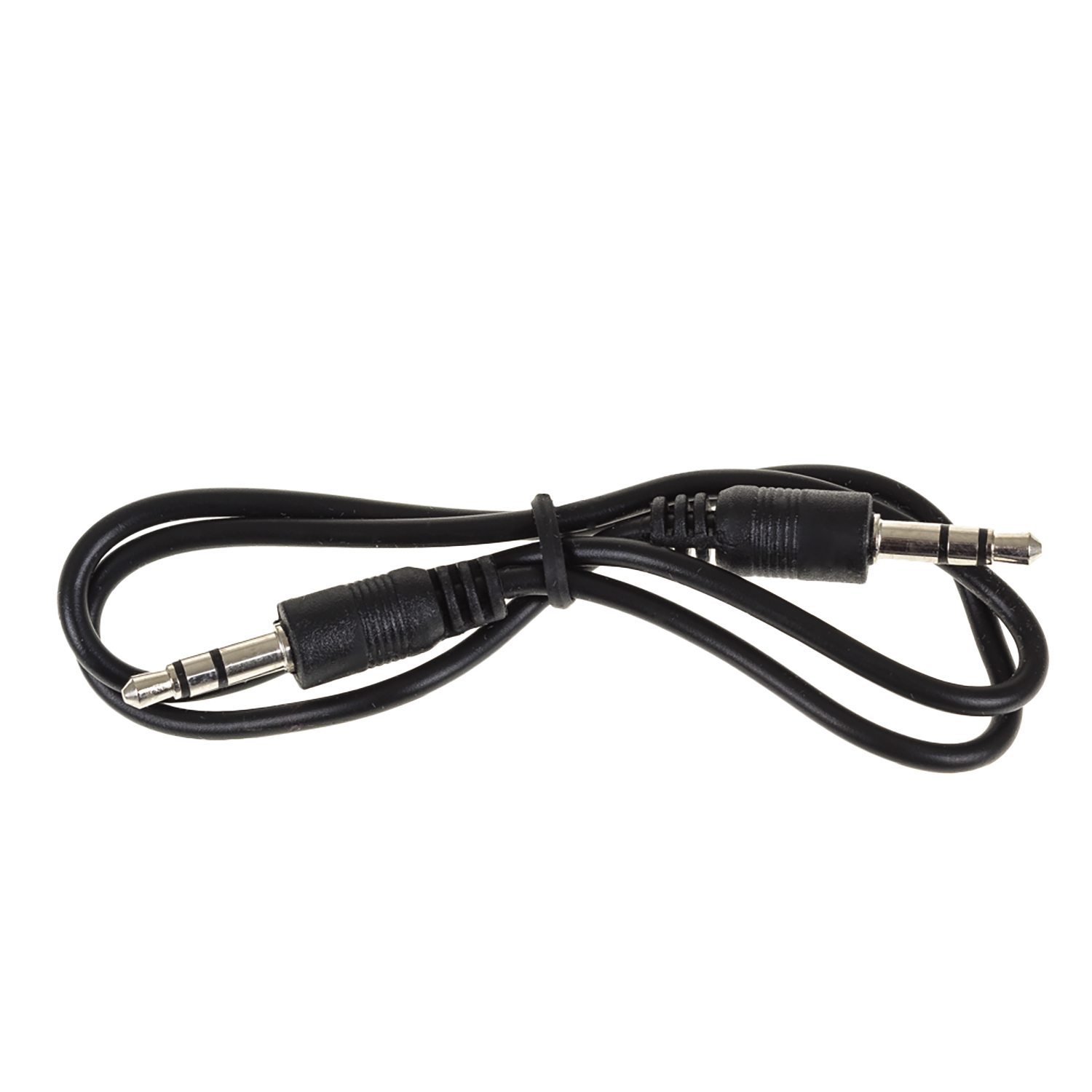 Cable de audio negro con dos conectores de 3,5 mm. El cable está en bucle sobre fondo blanco.