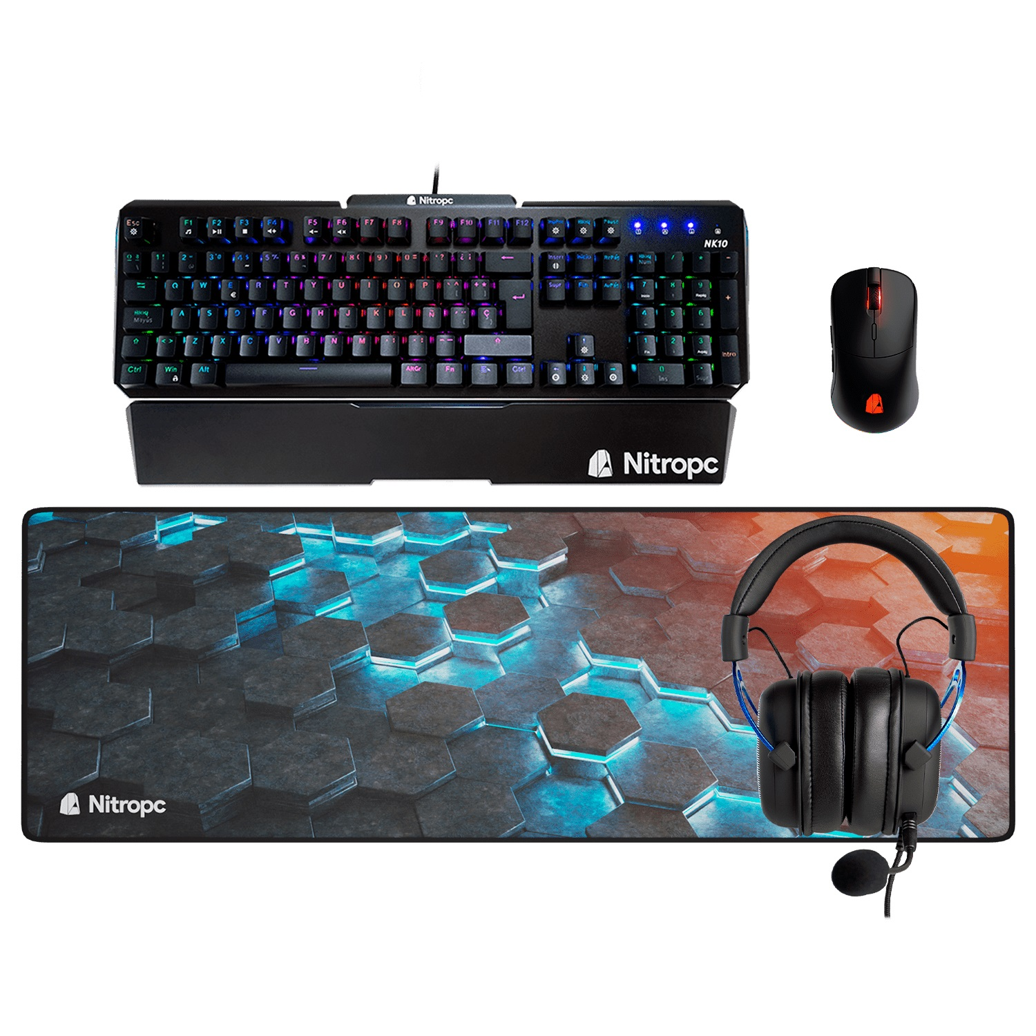 Czarny zestaw do gier: klawiatura, mysz, podkładka i zestaw słuchawkowy. Sześciokątny wzór na podkładce.