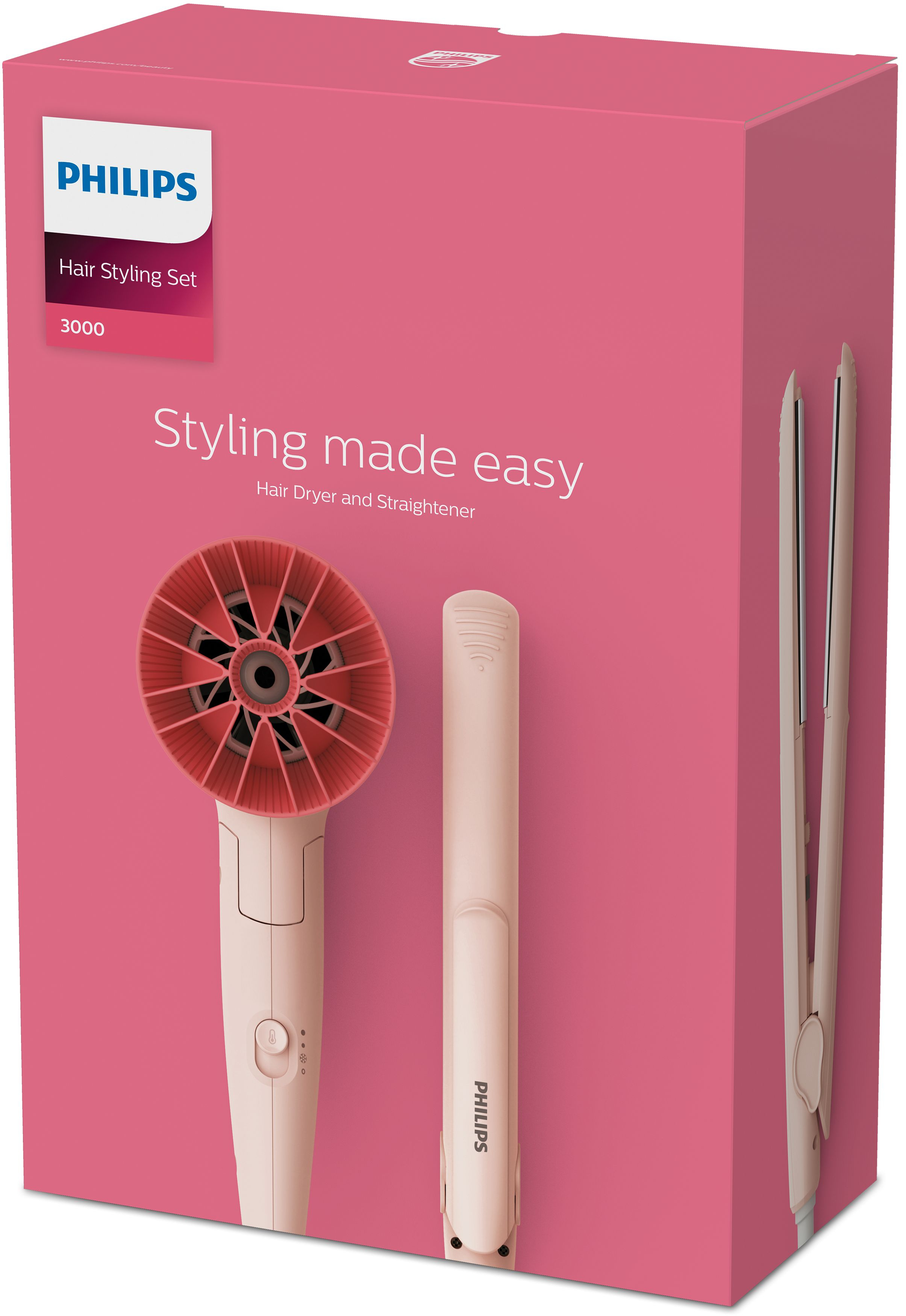 Scatola rosa del set per lo styling dei capelli Philips. Contiene un asciugacapelli e una piastra.