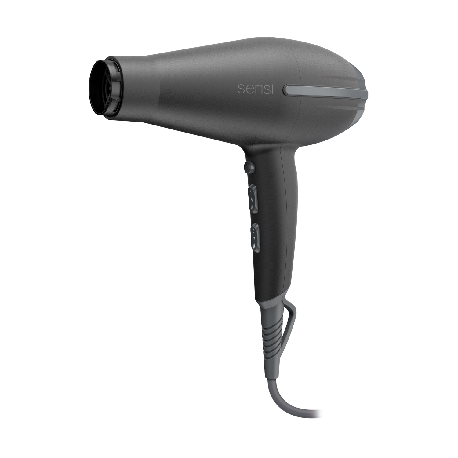 Ciemnoszara suszarka do włosów z marką 'sensi', na białym tle.