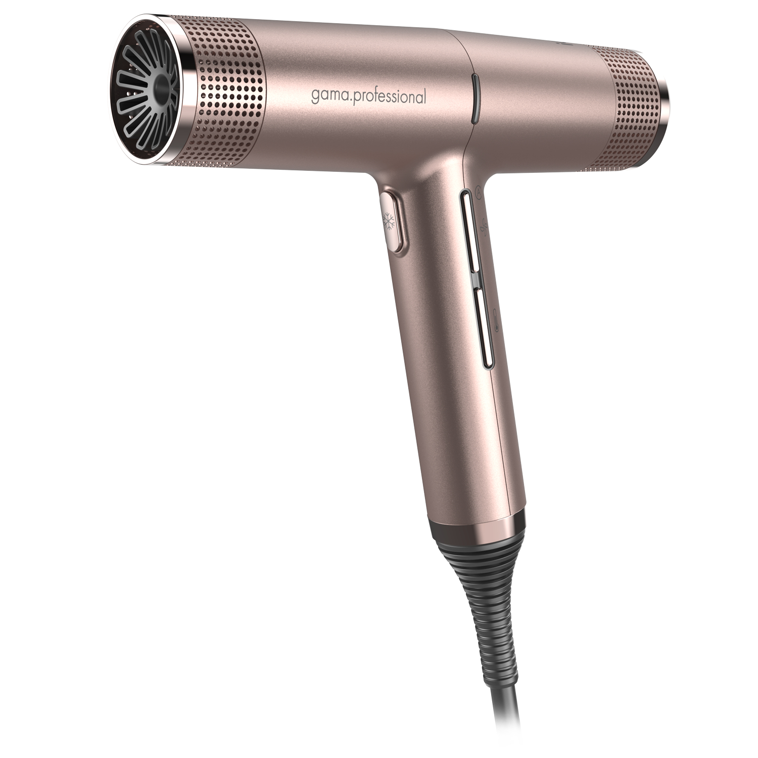 Ein roségoldener Haartrockner der Marke gama.professional mit T-Form und schwarzem Kabel.