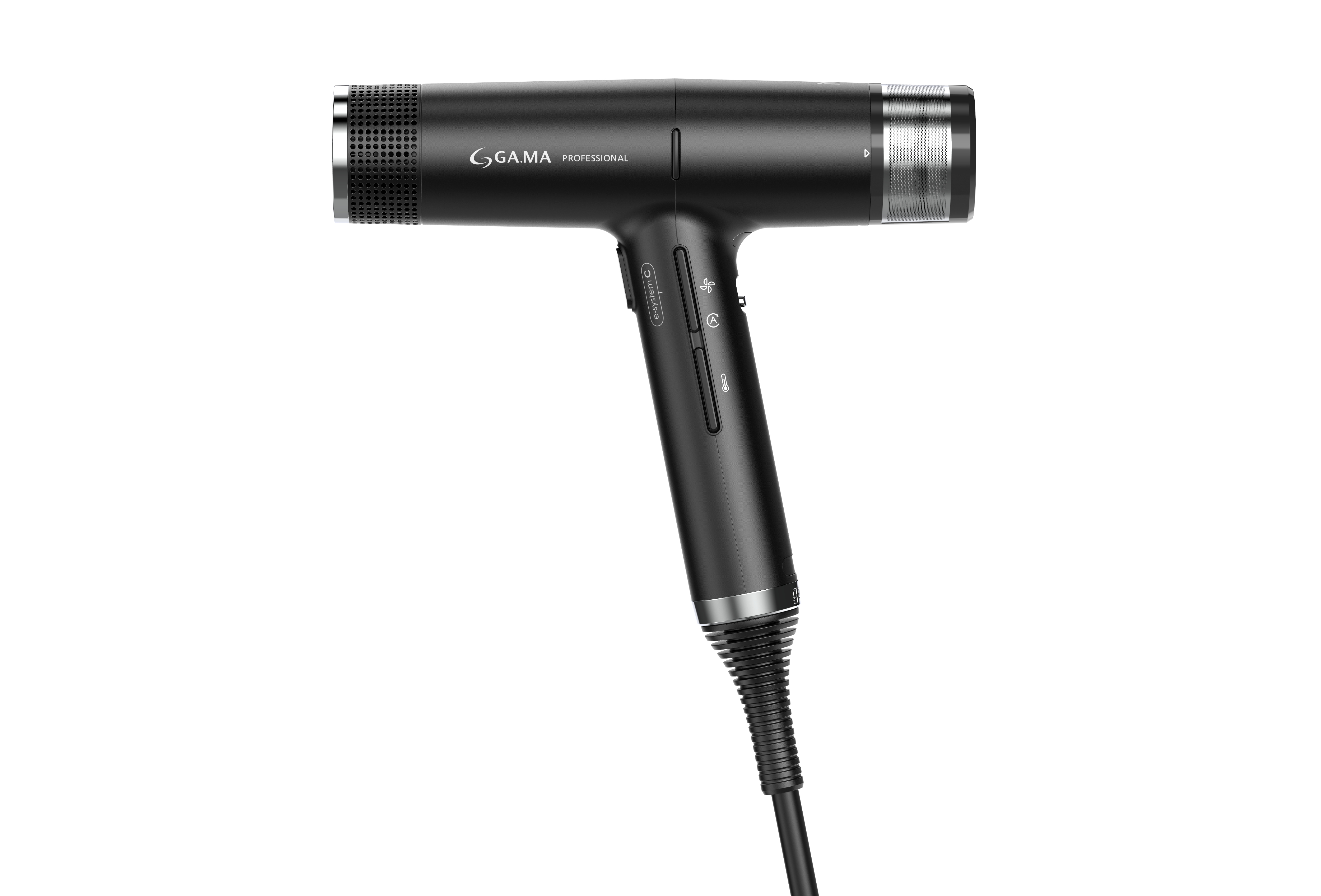 Schwarzer Haartrockner mit professionellem Design, vor weißem Hintergrund für Produktfokus präsentiert.