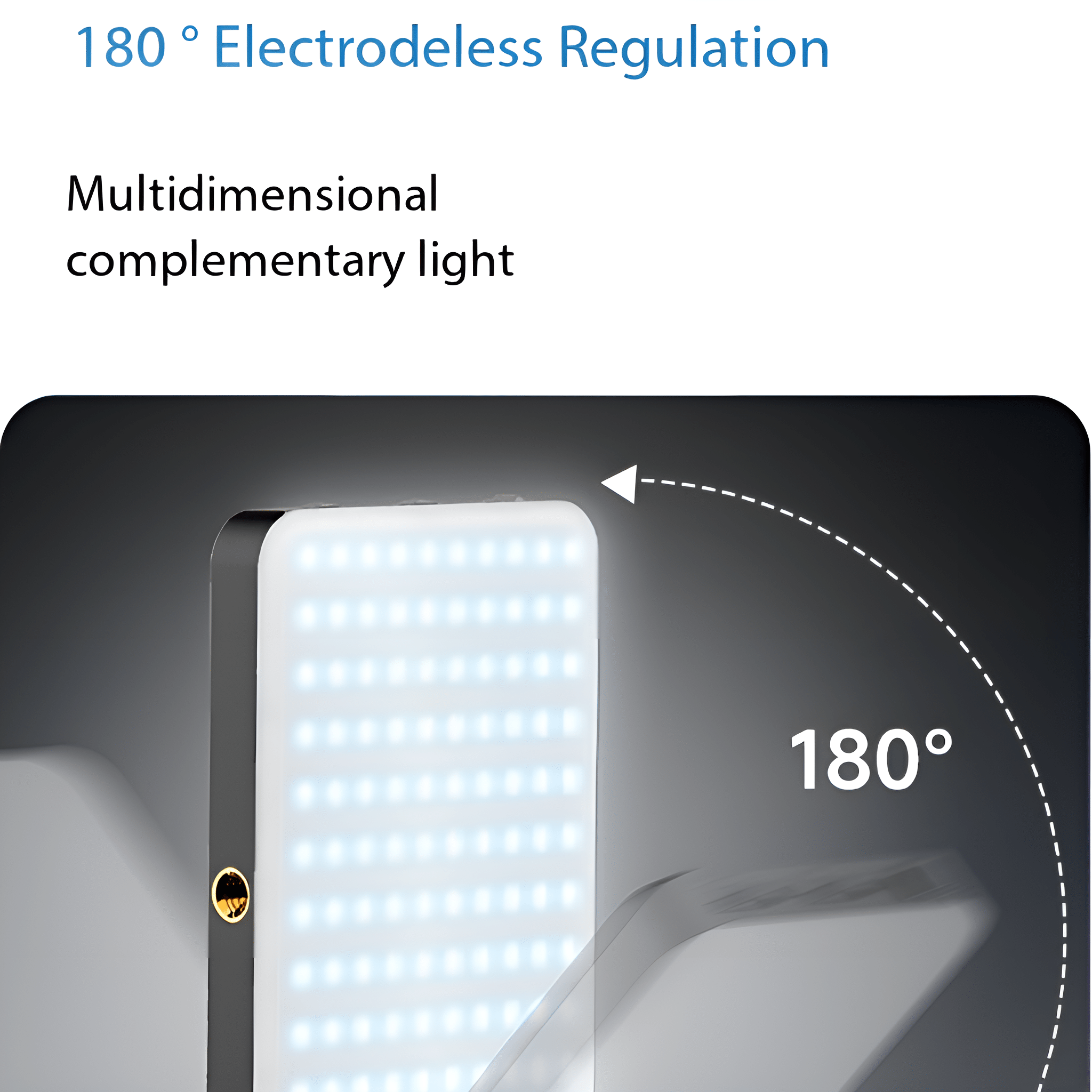 LED-Panel mit 180-Grad-Einstellbarkeit. Weiße LED-Leuchten in einem schwarzen Rahmen sind sichtbar.