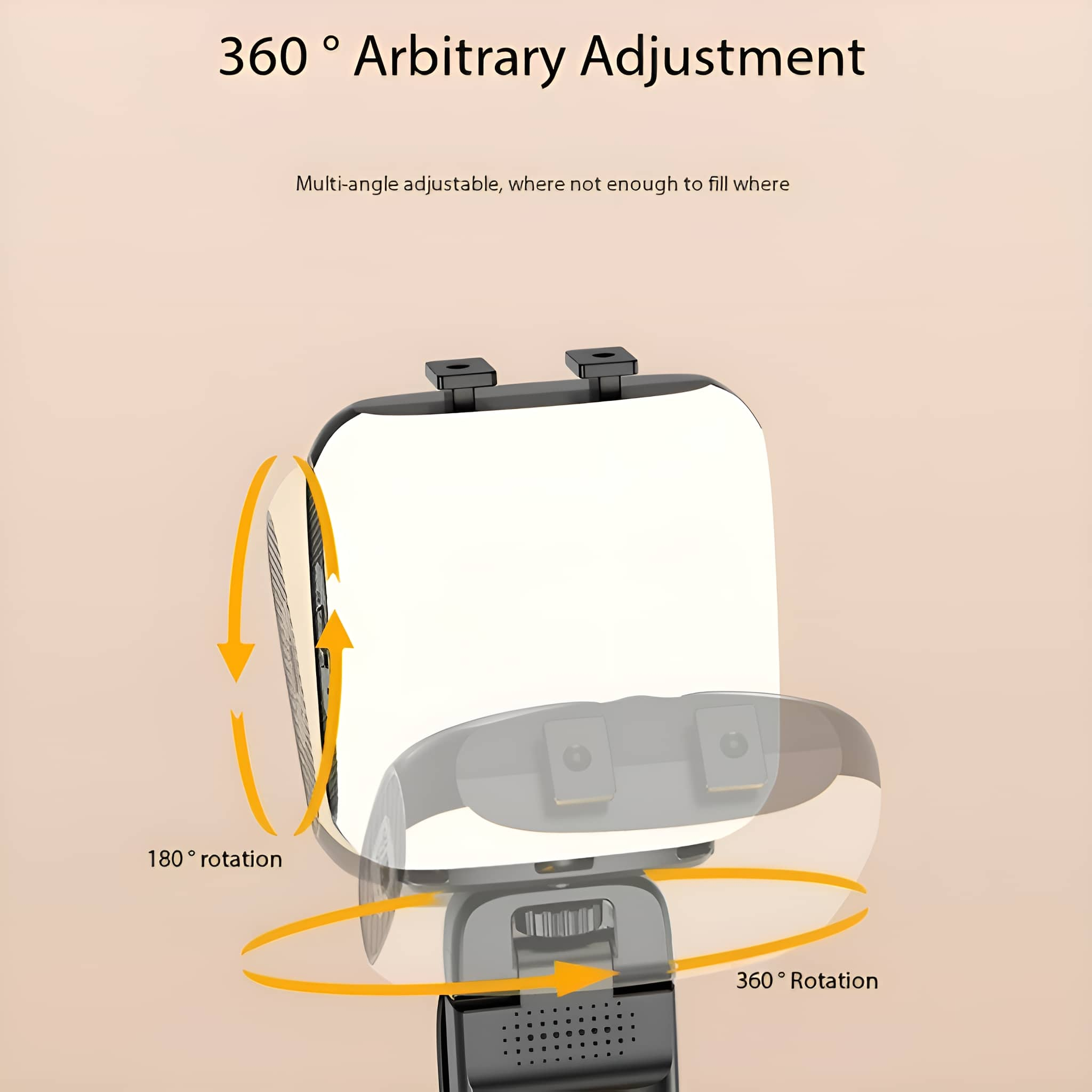 Ein weißes Gerät mit orangefarbenen Pfeilen, die eine 360-Grad- und 180-Grad-Drehung anzeigen.