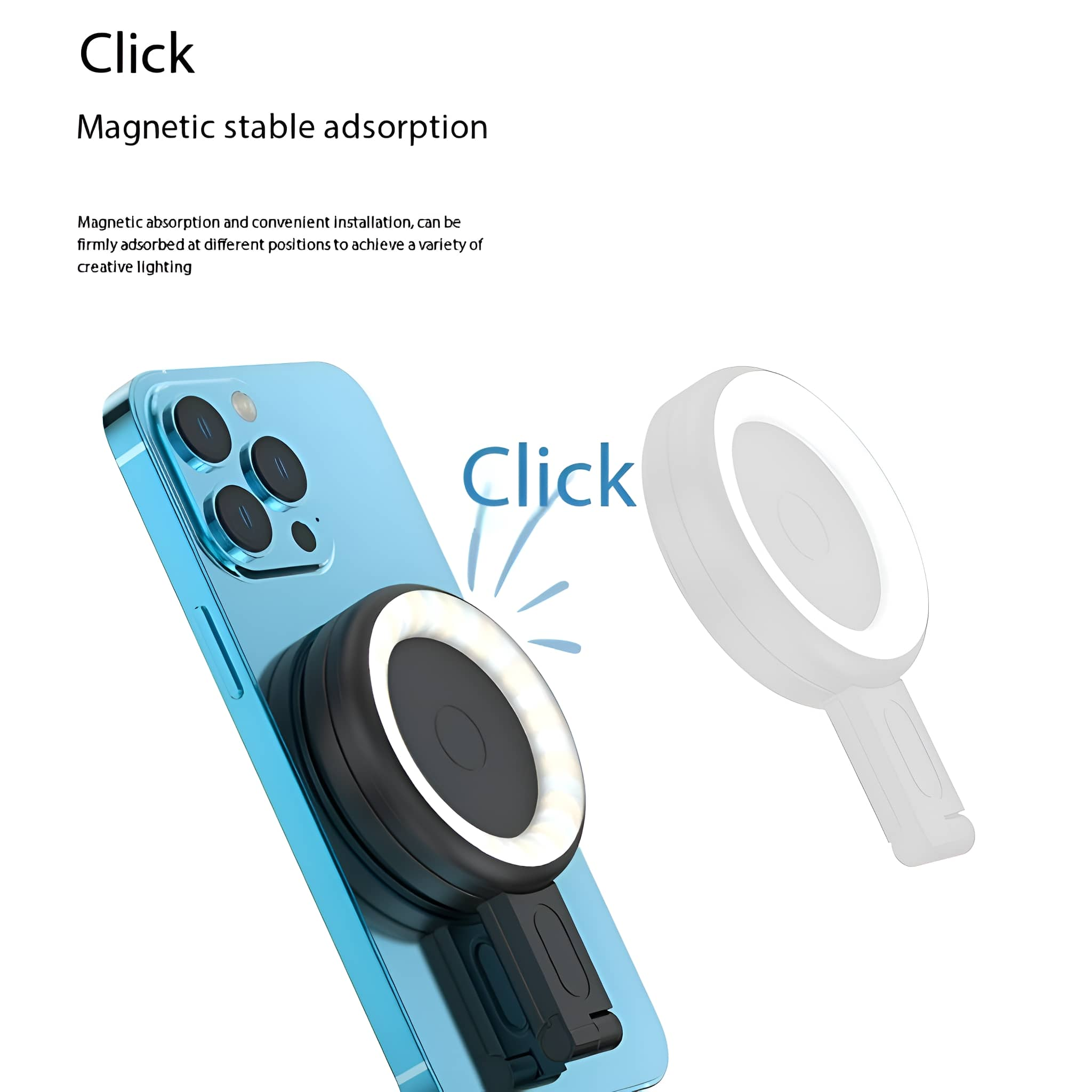 Blaues Telefon mit angebrachtem magnetischem Ringlicht. Weißes Licht an und eine Kontur.