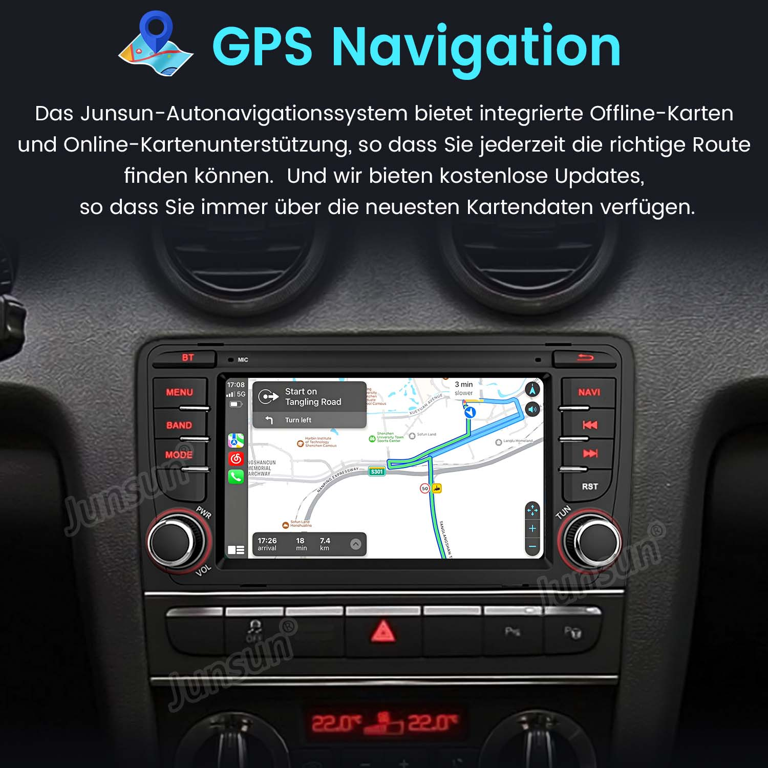 Deska rozdzielcza samochodu wyświetlająca nawigację GPS z mapą i instrukcjami nawigacji.