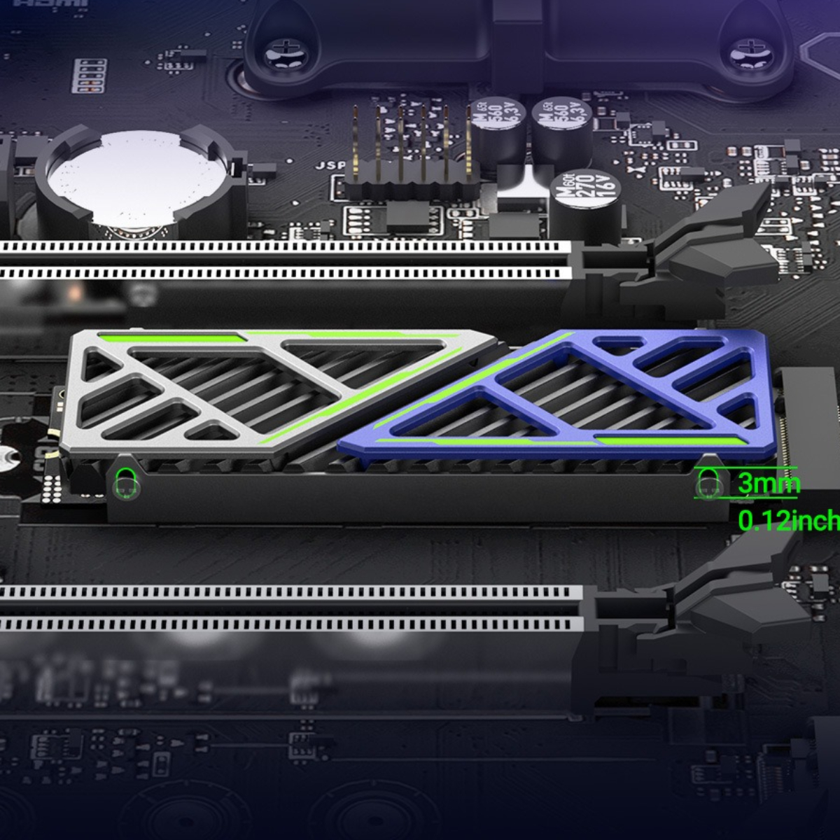 Nahaufnahme einer Computerkomponente, grün und blau. Der Hintergrund ist ein Motherboard.