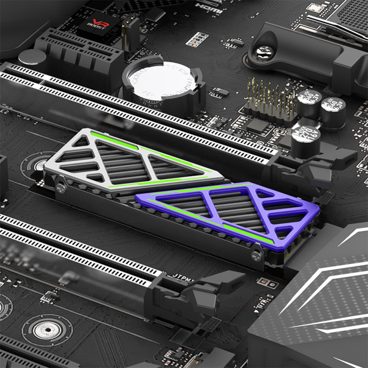 Mainboard mit zwei farbigen M.2-Steckplätzen für Speicher.