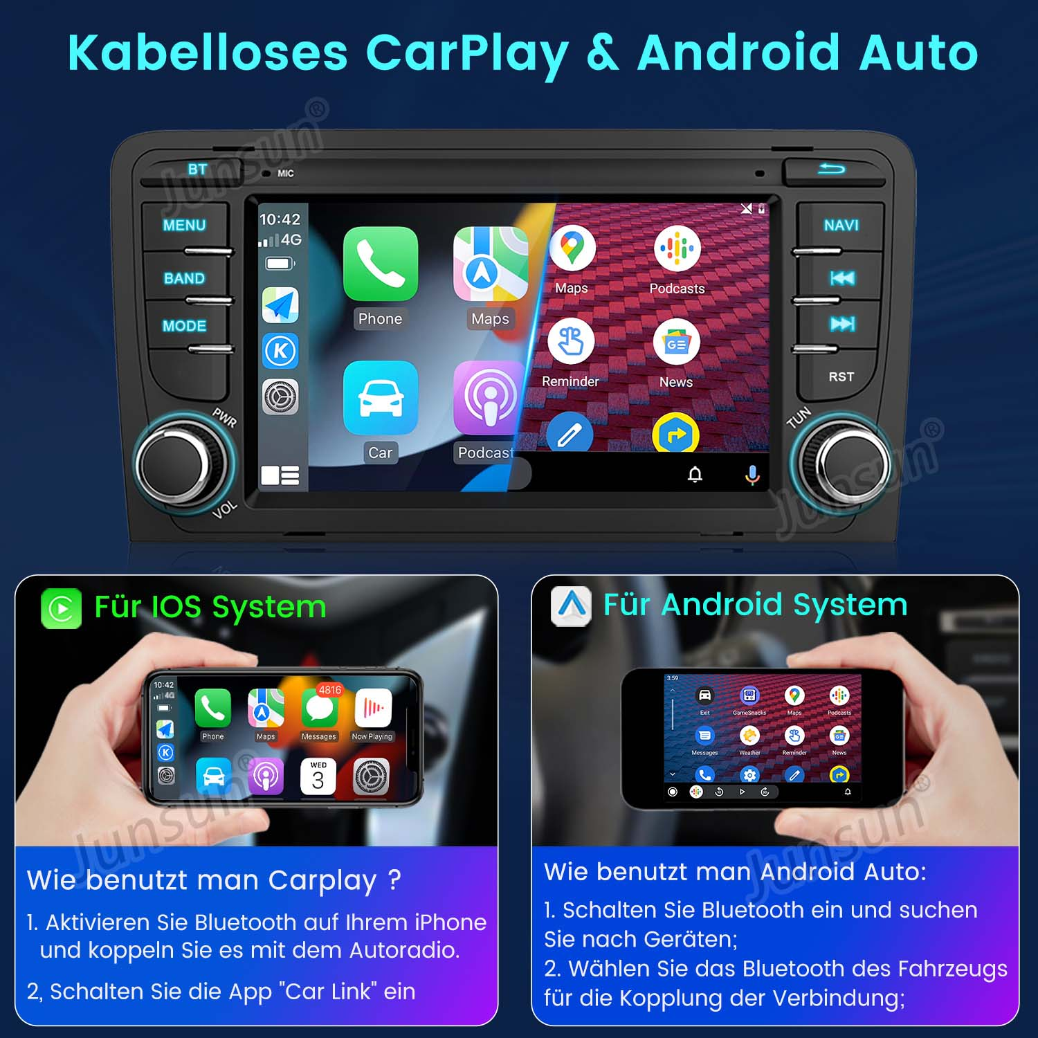 Samochodowy system stereo z ekranem, pokazujący integrację CarPlay i Android Auto, z instrukcjami konfiguracji.