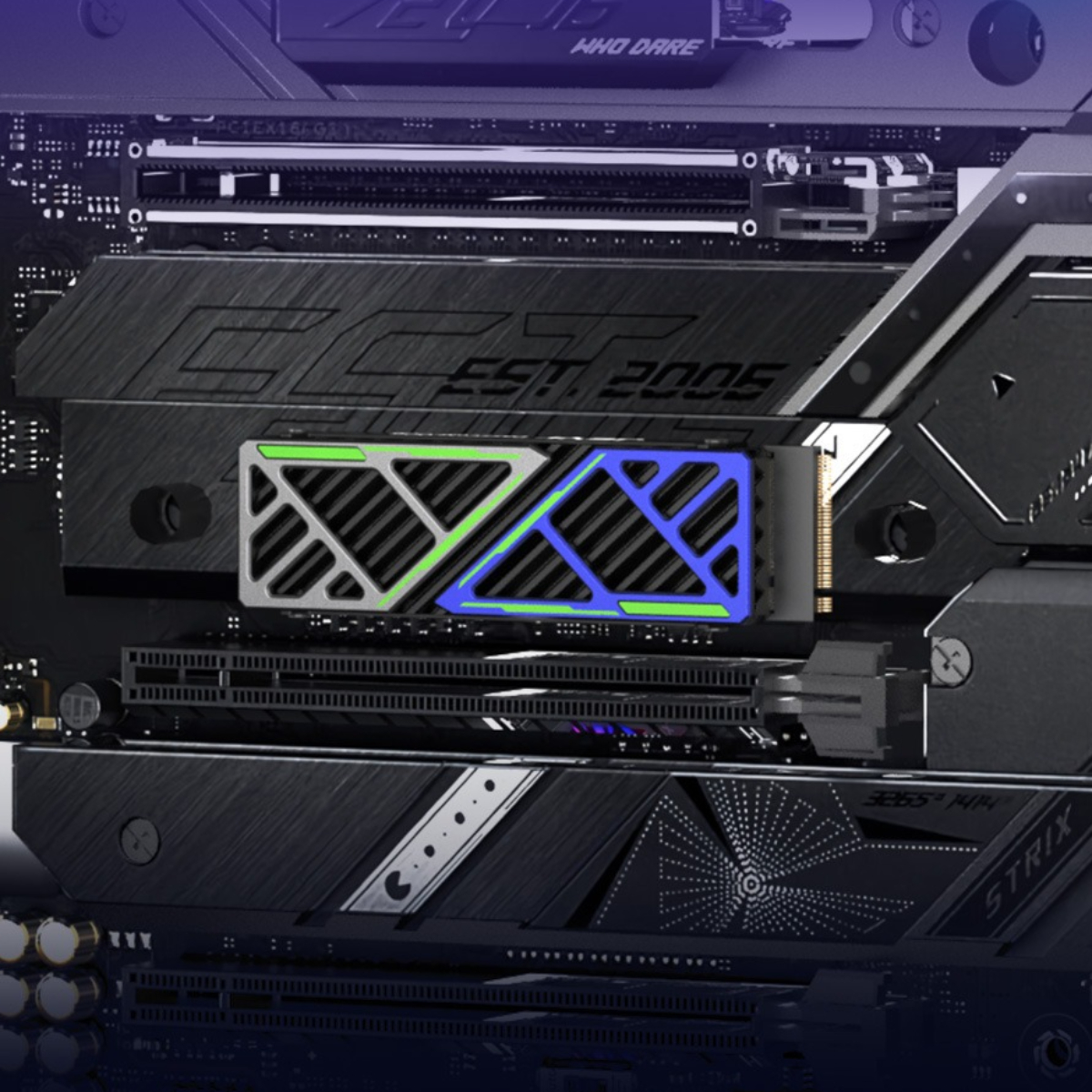 Eine Motherboard-Komponente mit Grafik und einem blau-grünen Element wird gezeigt.