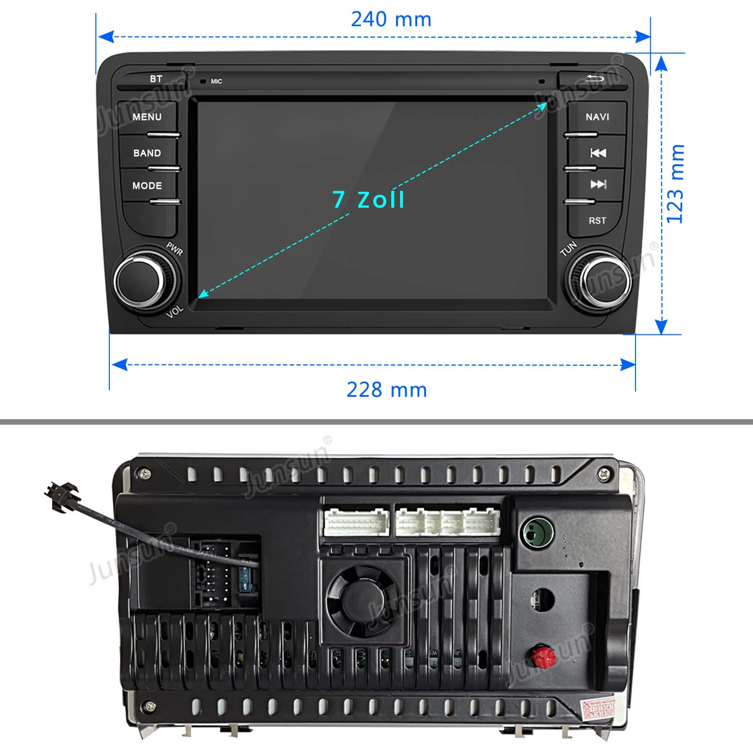 System stereo samochodowy. Widok z przodu pokazuje ekran z przyciskami. Tył pokazuje komponenty i wymiary.