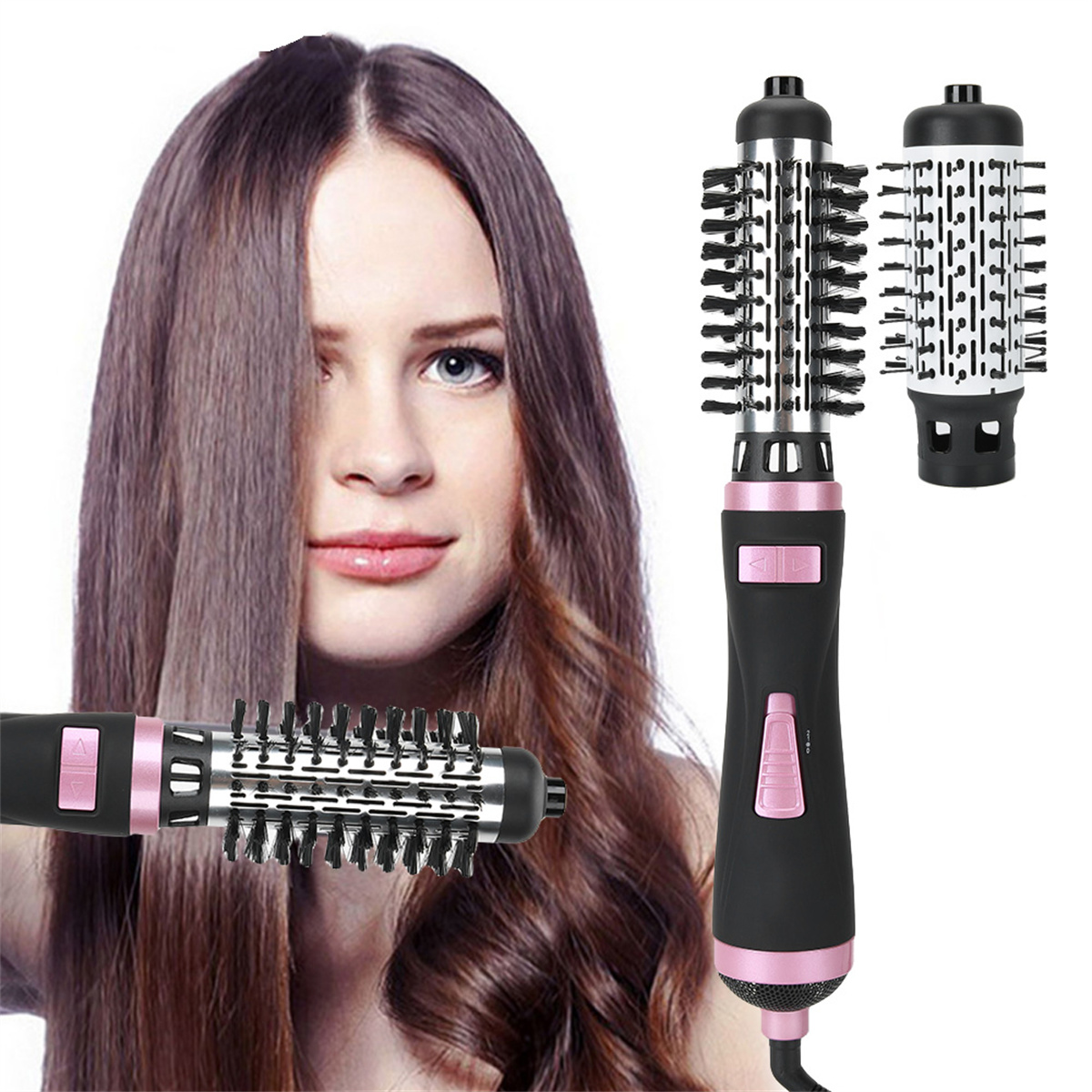 Frau mit Haarstyling-Werkzeug. Das Werkzeug hat rosa Akzente und mehrere Aufsätze.