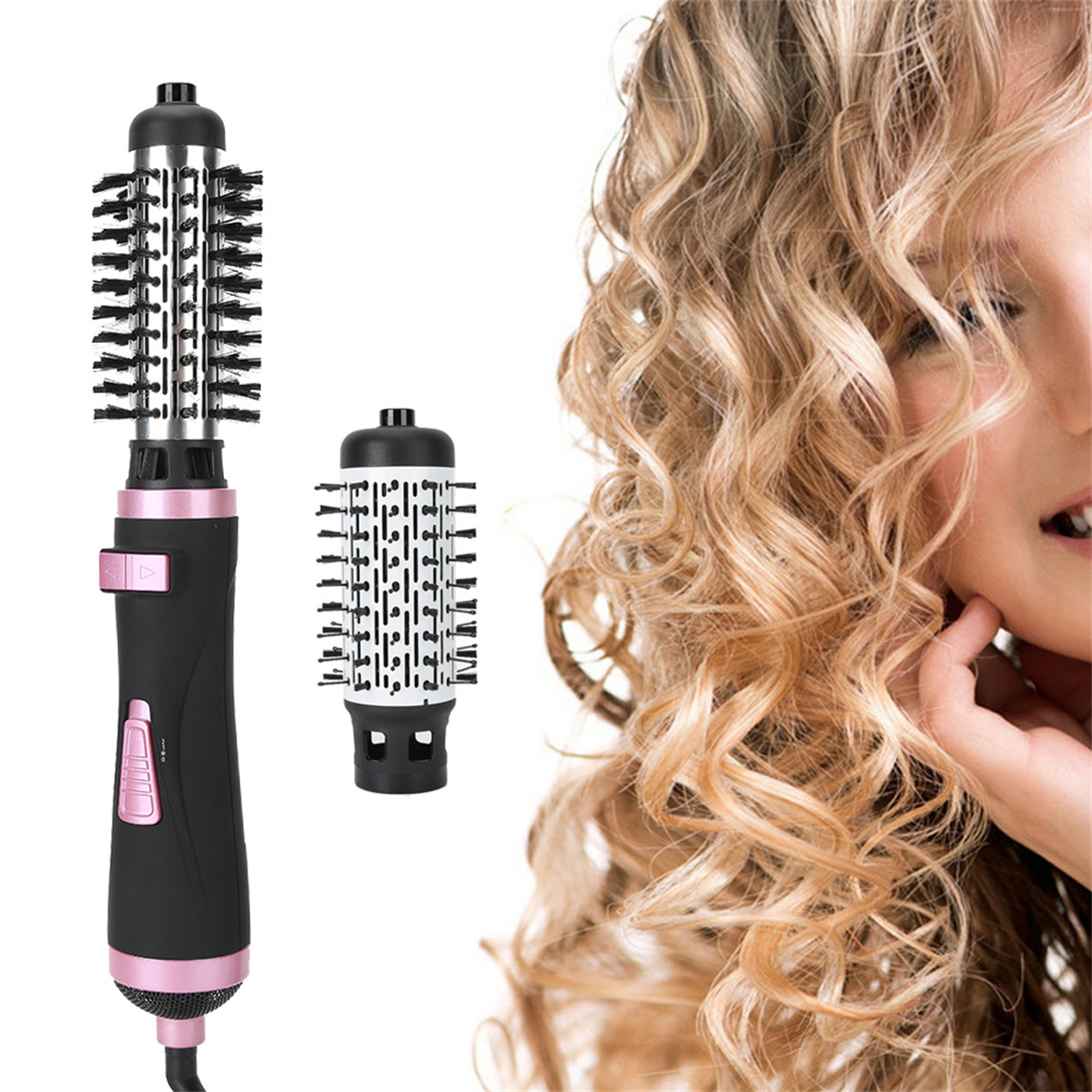Haarstyling-Werkzeug. Mädchen mit lockigem Haar ist teilweise zu sehen, und ein Haarstyling-Werkzeug wird ebenfalls gezeigt.