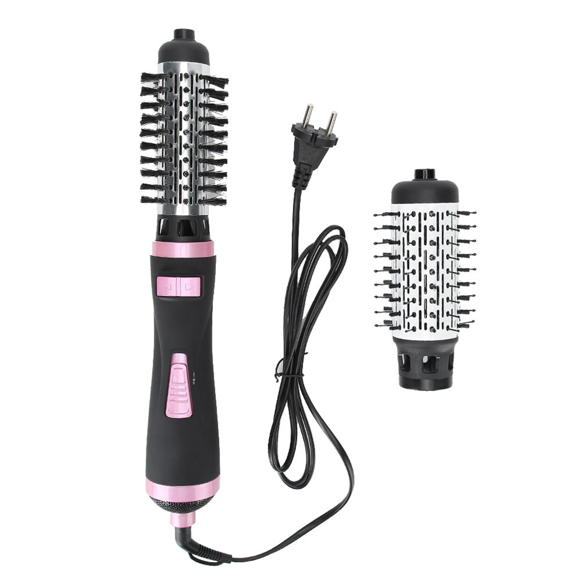 Ein schwarz-pinker Haarstyler mit zwei austauschbaren Aufsätzen und einem schwarzen Netzkabel.