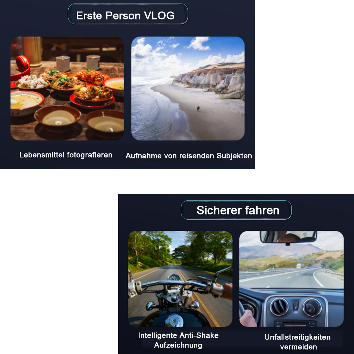 Bilder zeigen Essen auf Tellern und eine Strandszene. Der Text lautet 'First Person VLOG'.