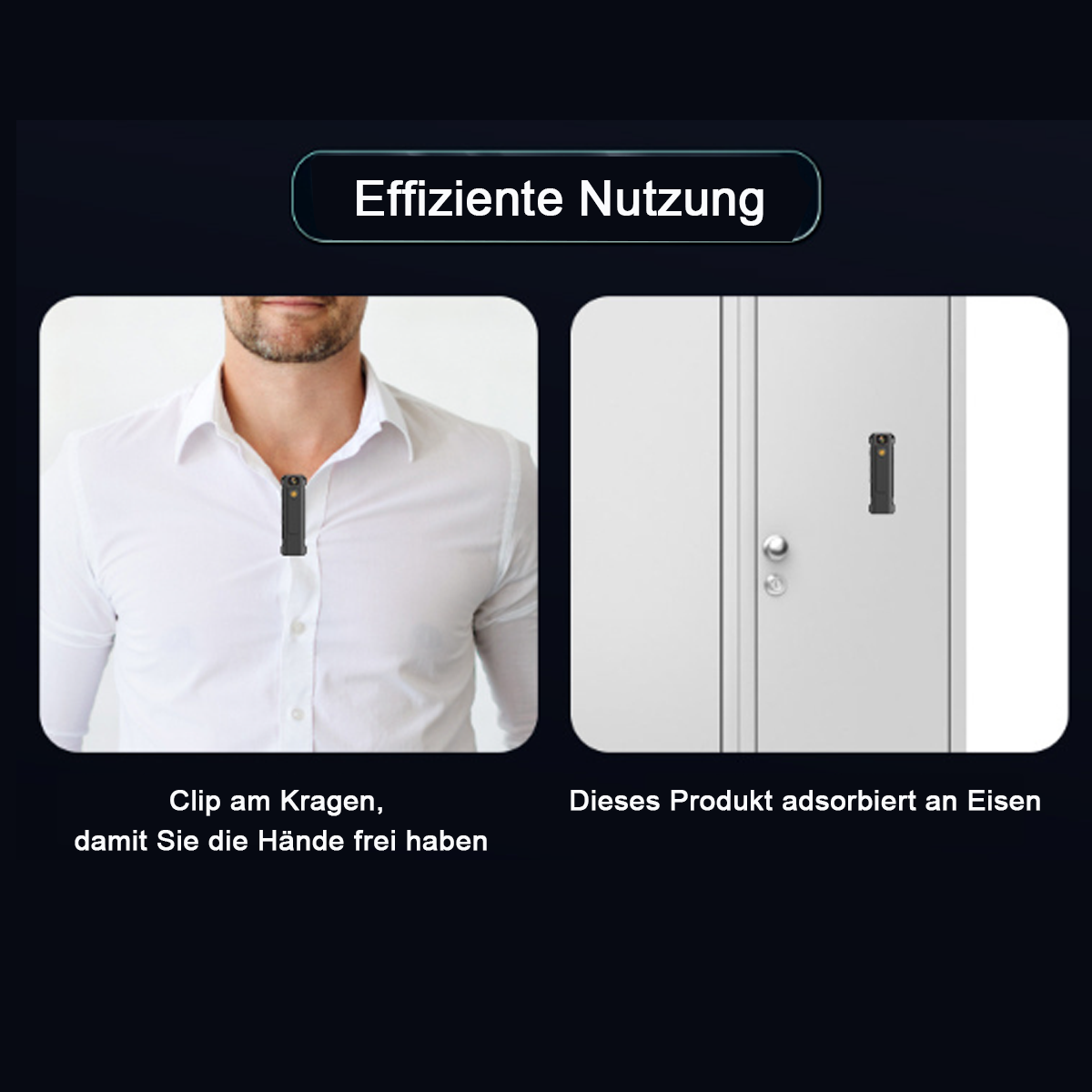 Eine Person trägt ein kleines schwarzes Gerät auf dem Hemd. Eine Tür mit einem ähnlichen Gerät.