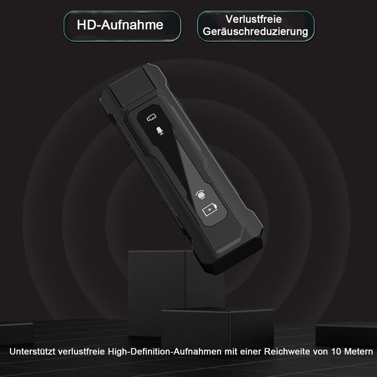 Schwarzes Aufnahmegerät mit Knöpfen. Es hat ein Mikrofon und einen Power-Knopf.