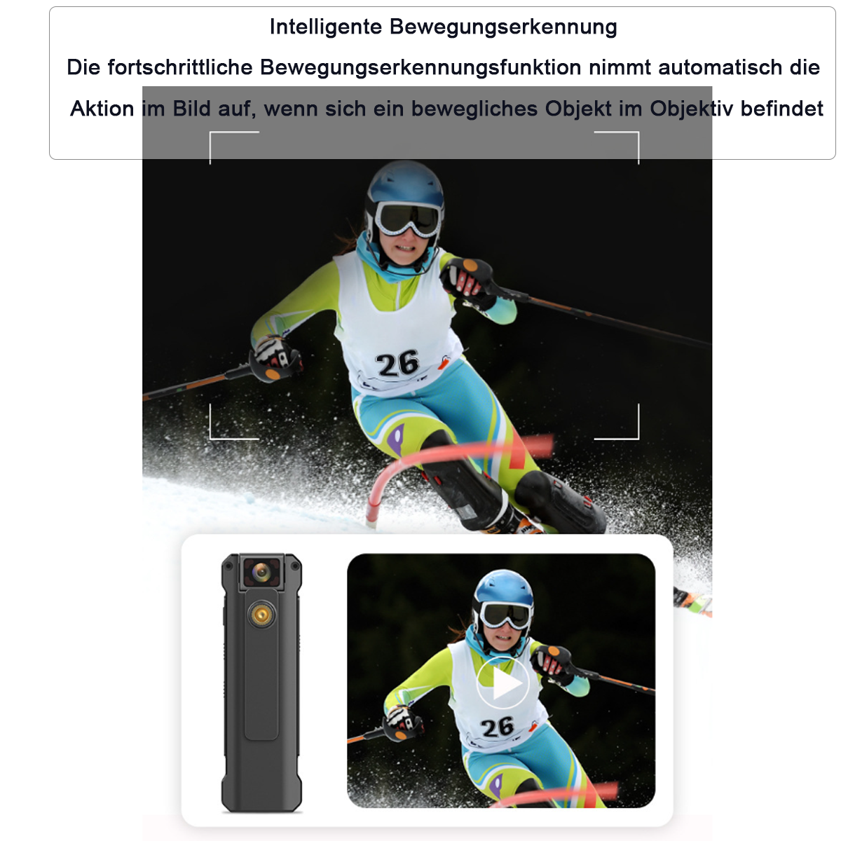 Ein Skifahrer mit der Nummer 26, eine Kamera und ein Bildschirm mit Videoaufzeichnung.