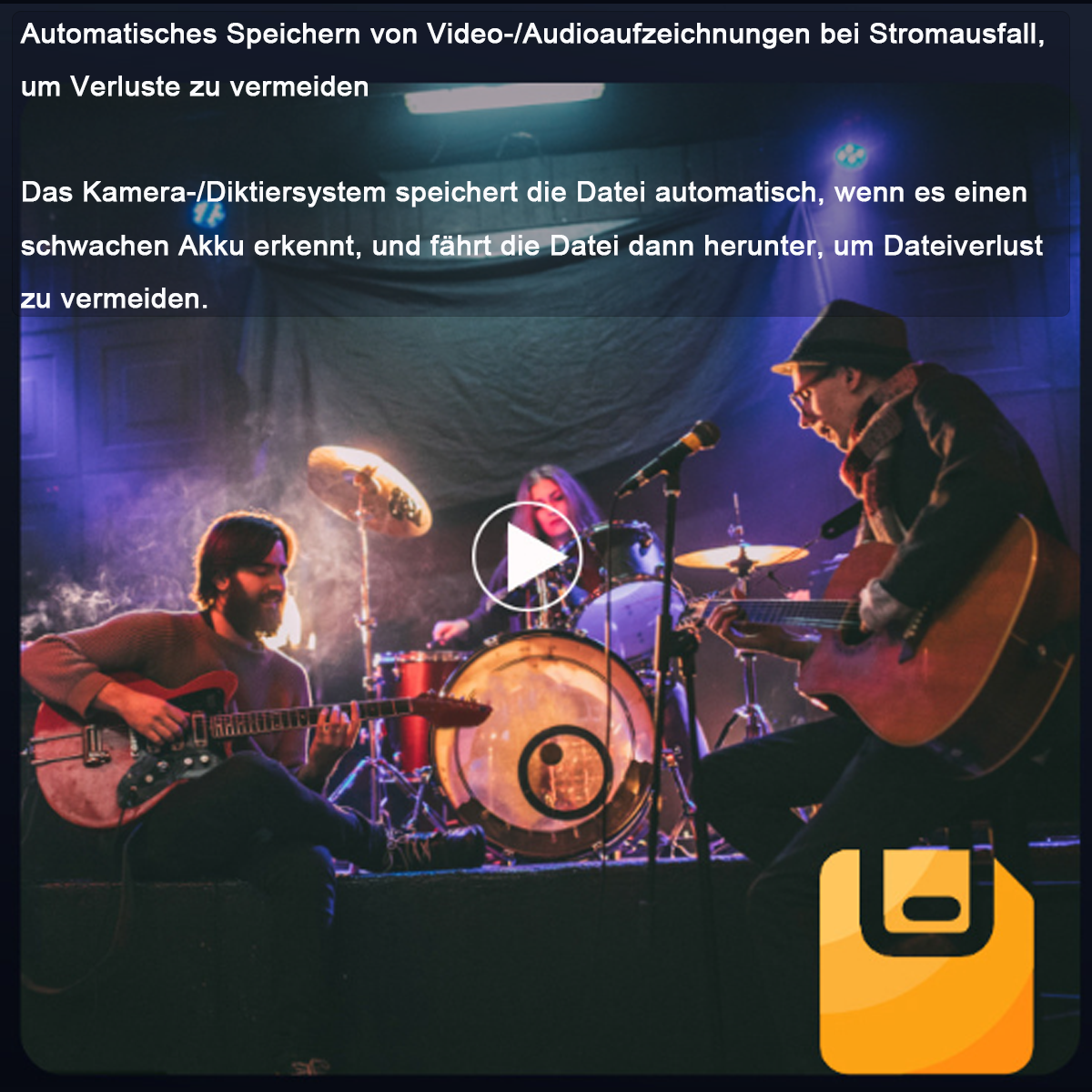 Bild zeigt eine Band, die auf der Bühne spielt, mit einem Wiedergabeknopf.