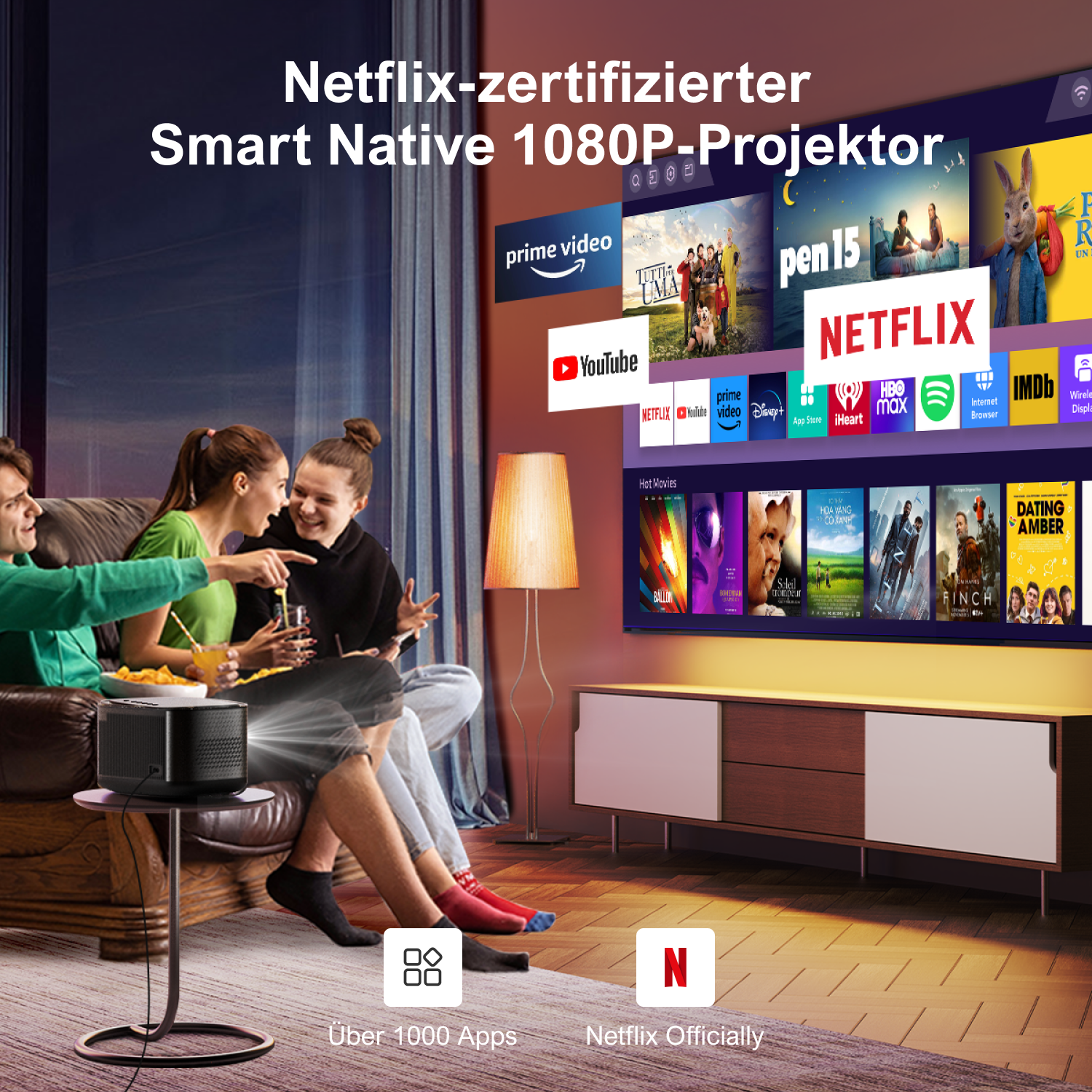 Menschen sehen einen Film auf einem Bildschirm, zusammen mit einem Projektor und Netflix-Branding.