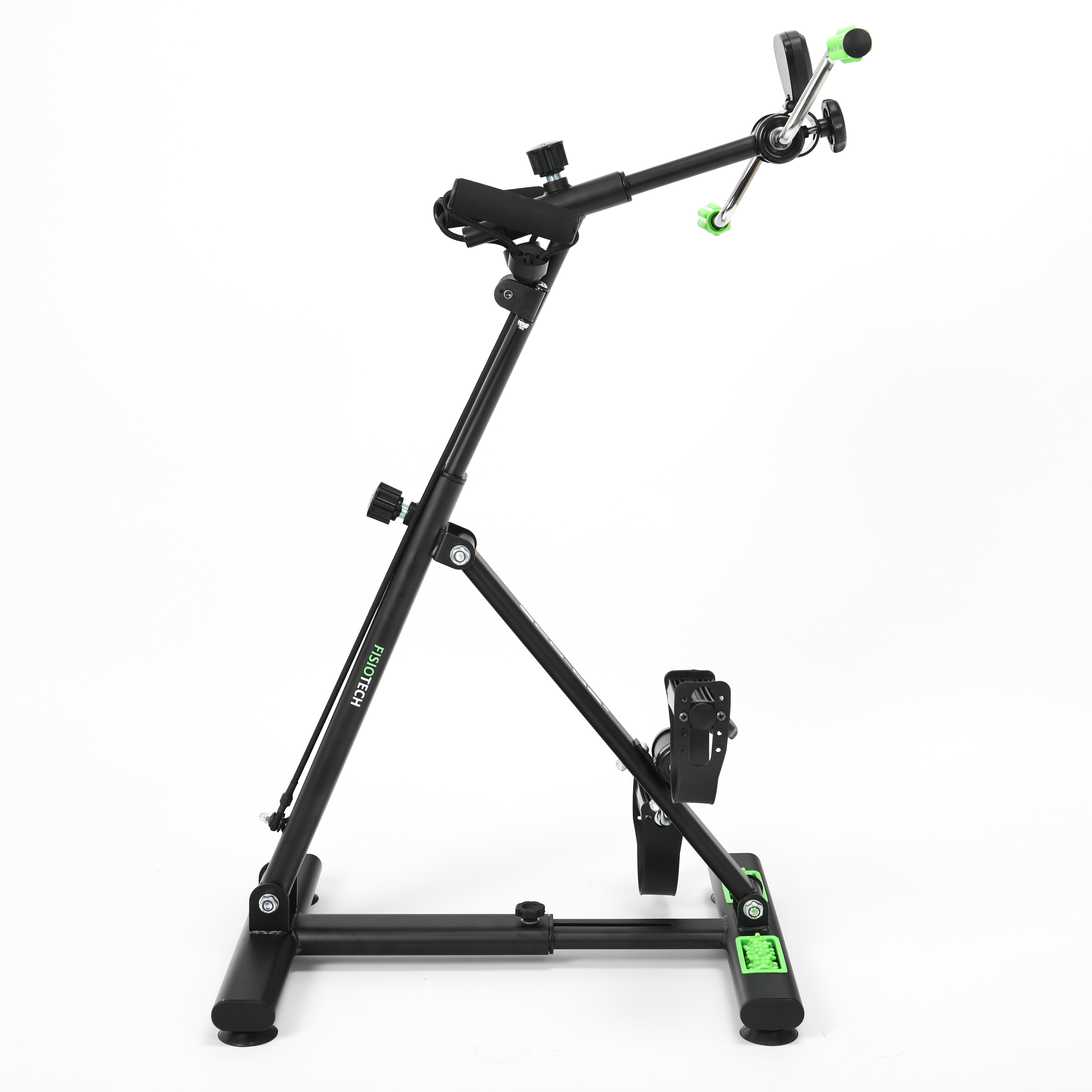 Bicicleta estática negra sobre fondo blanco, con detalles verdes.