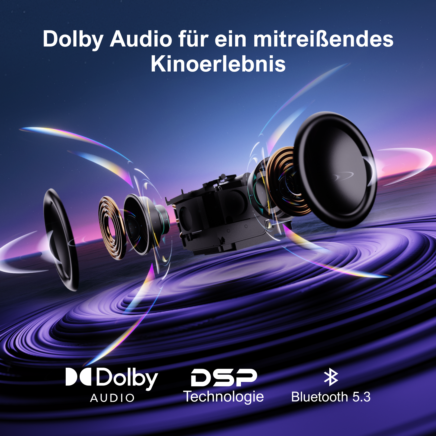 Grafik zeigt Lautsprecherkomponenten mit dem Text: Dolby Audio für ein beeindruckendes Kinoerlebnis.