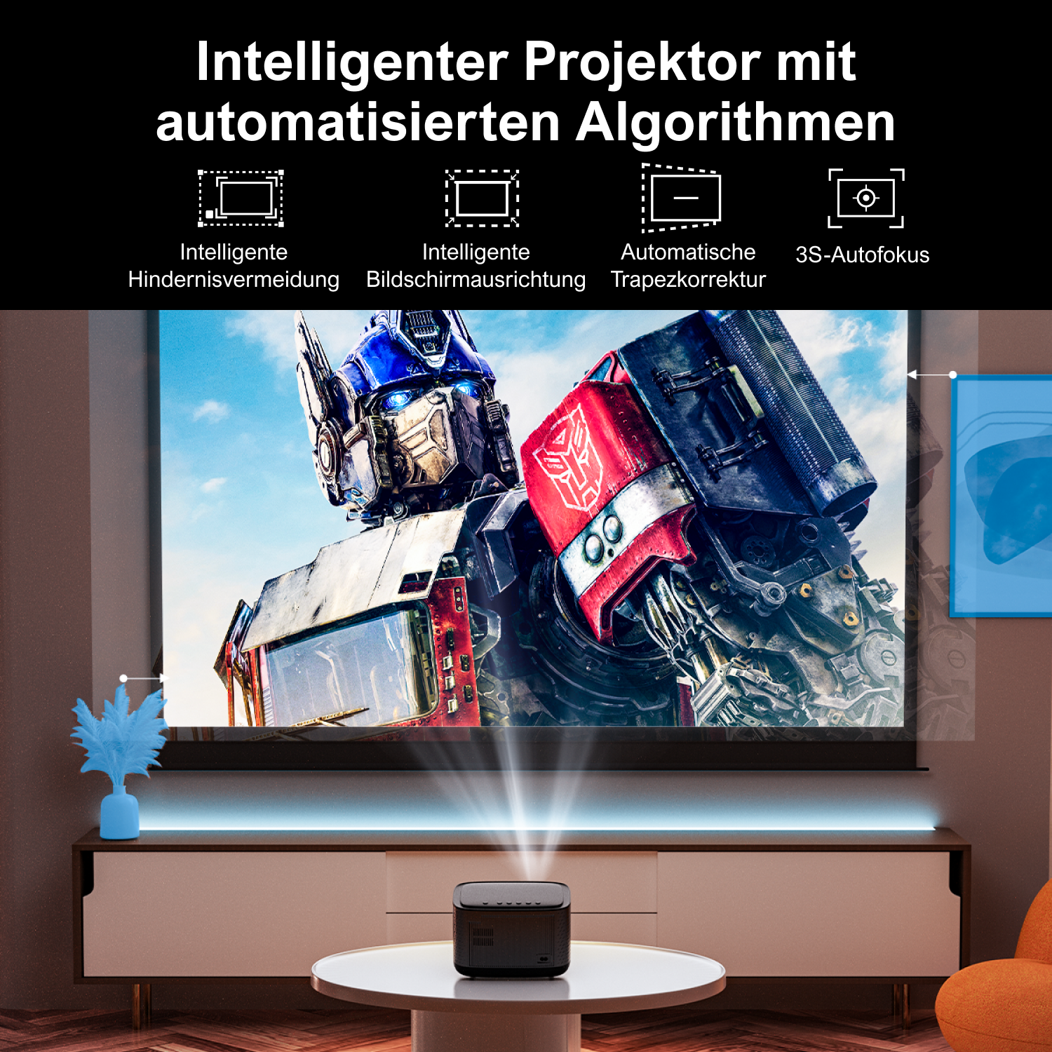 Ein Projektor, der eine Filmleinwand mit Optimus Prime auf einem Tisch anzeigt.