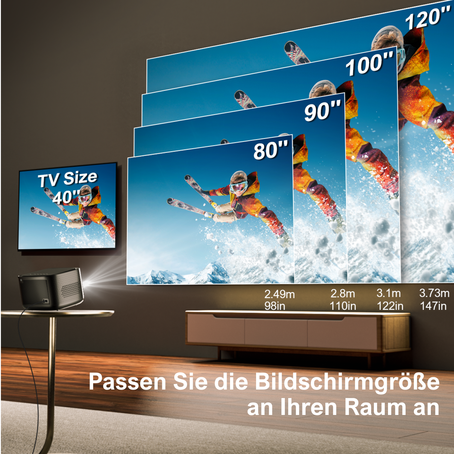 Projektor zeigt verschiedene Bildschirmgrößen, 40" bis 120", auf dunklem Hintergrund.