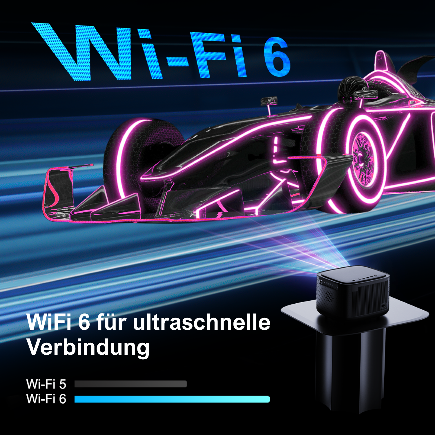 Projektor projiziert ein Bild eines Rennwagens.