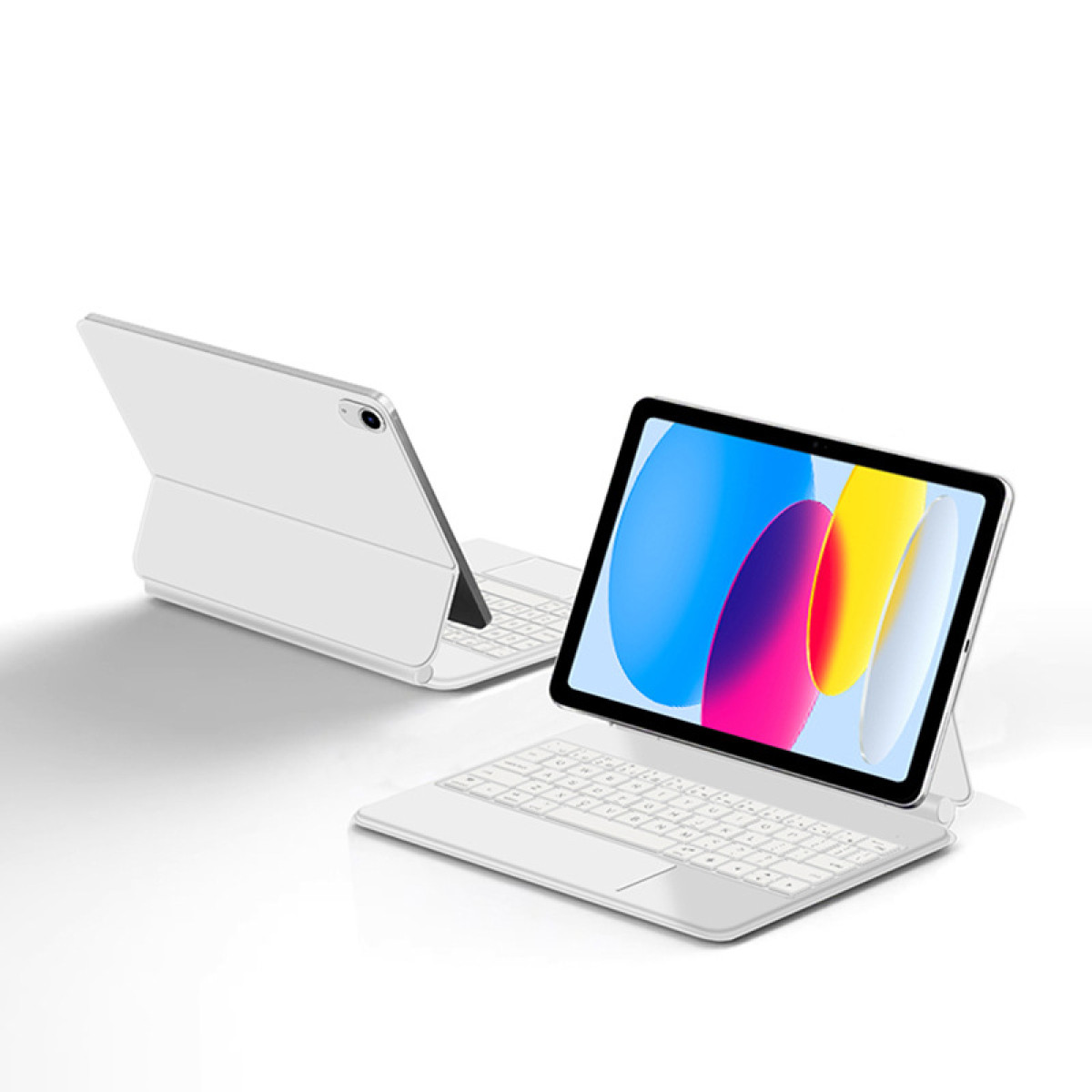 Tablet bianco con tastiera e custodia. Un altro tablet è visibile sullo sfondo.
