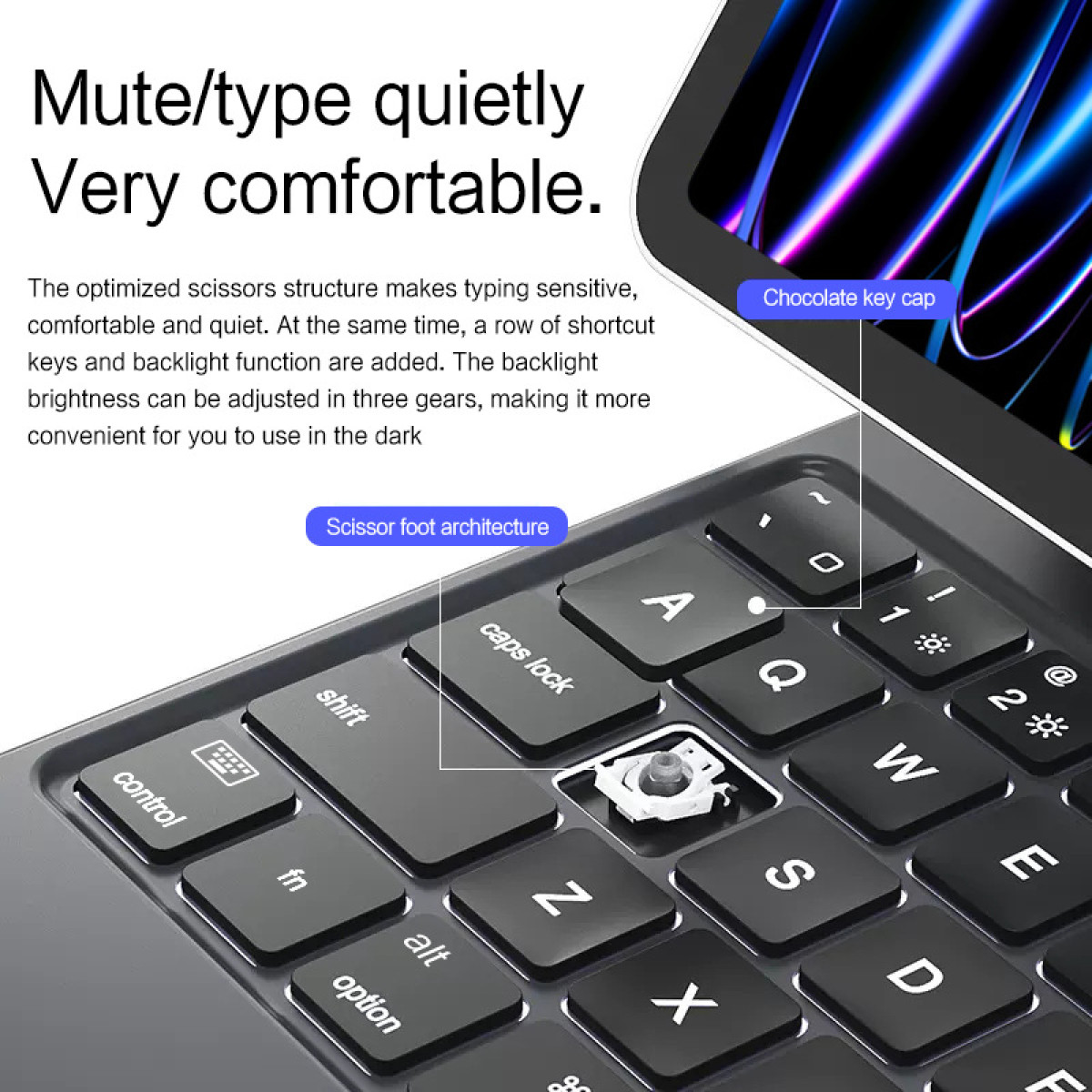 Primo piano di una tastiera di laptop con architettura a piede a forbice evidenziata.